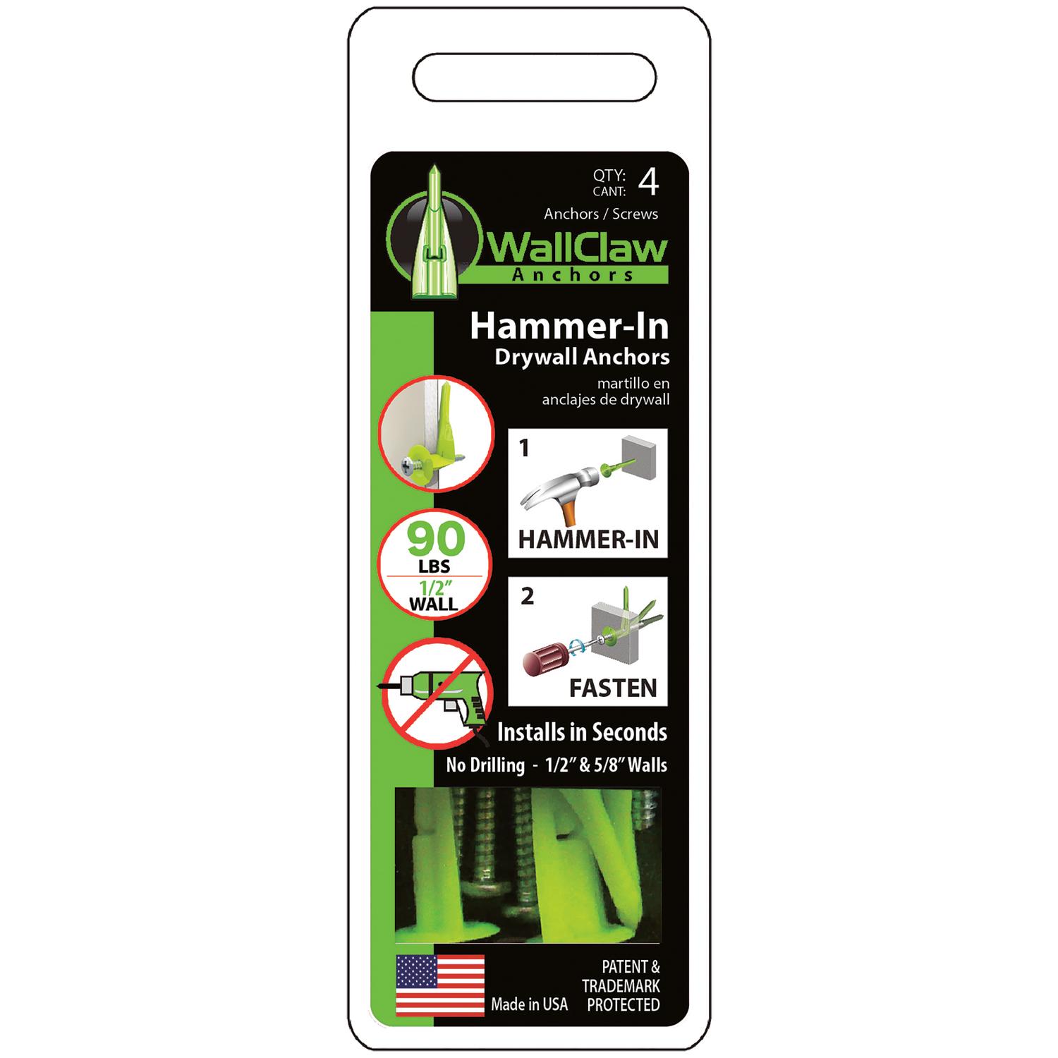 WallClaw Anchors .25 in. D X 2 in. L Plastic/Steel Pan Head Wallboard Anchors 4 pk