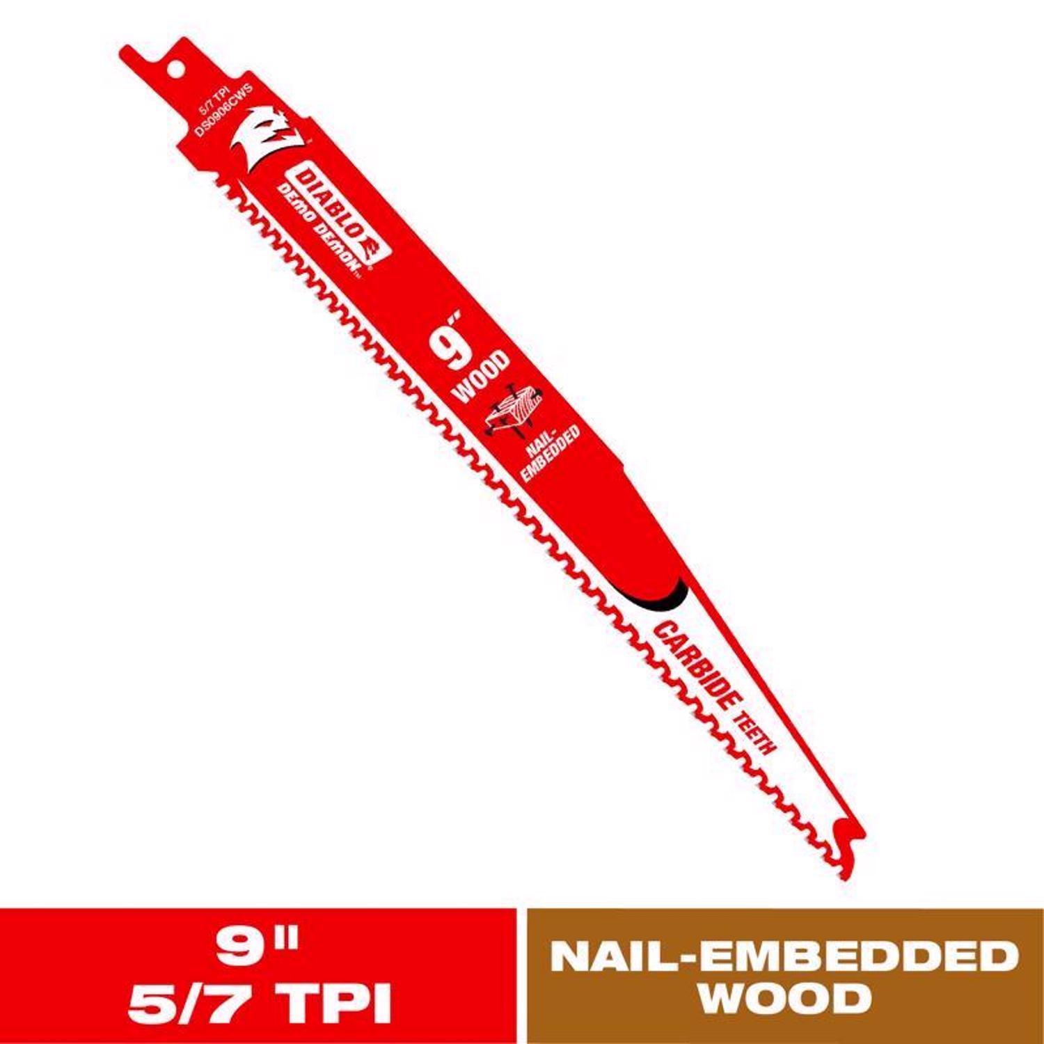 Diablo Demo Demon 9 in. Carbide Nail-Embedded Wood Reciprocating Saw Blade 5/7 TPI 1 pc
