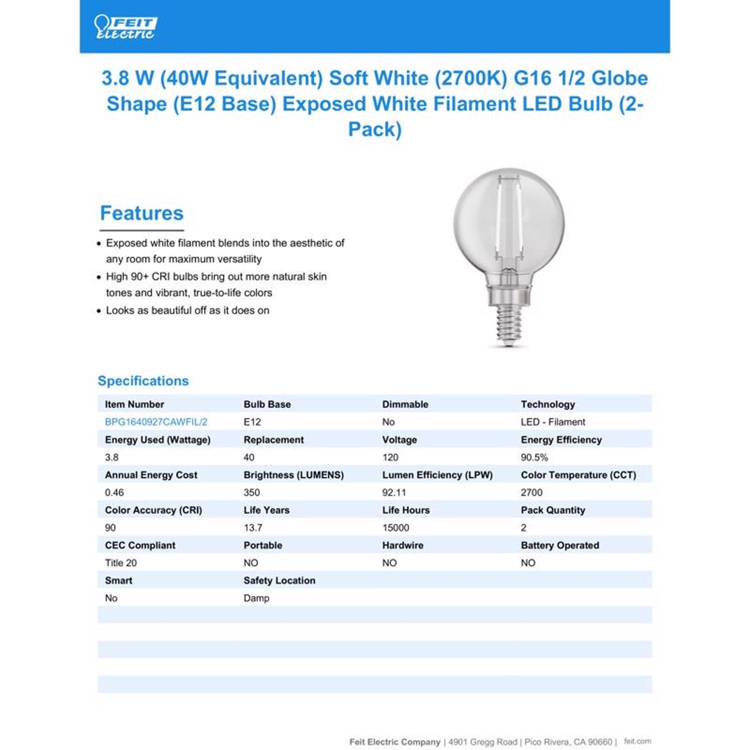 Feit White Filament G16.5 E12 (Candelabra) Filament LED Bulb Daylight 60 Watt Equivalence 2 pk