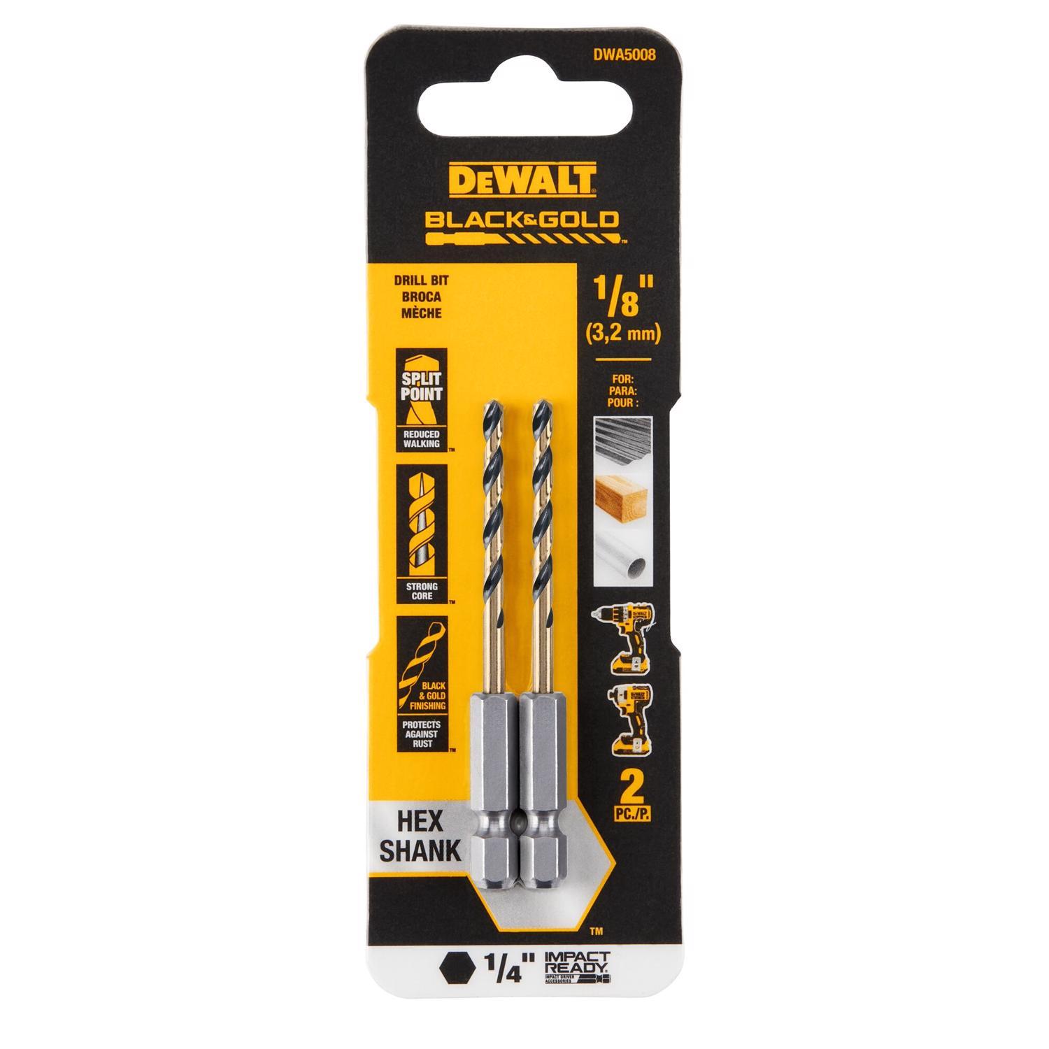 DEWALT Black & Gold 1/8 in. High Speed Steel Impact Ready Drill Bit Hex Shank 2 pk