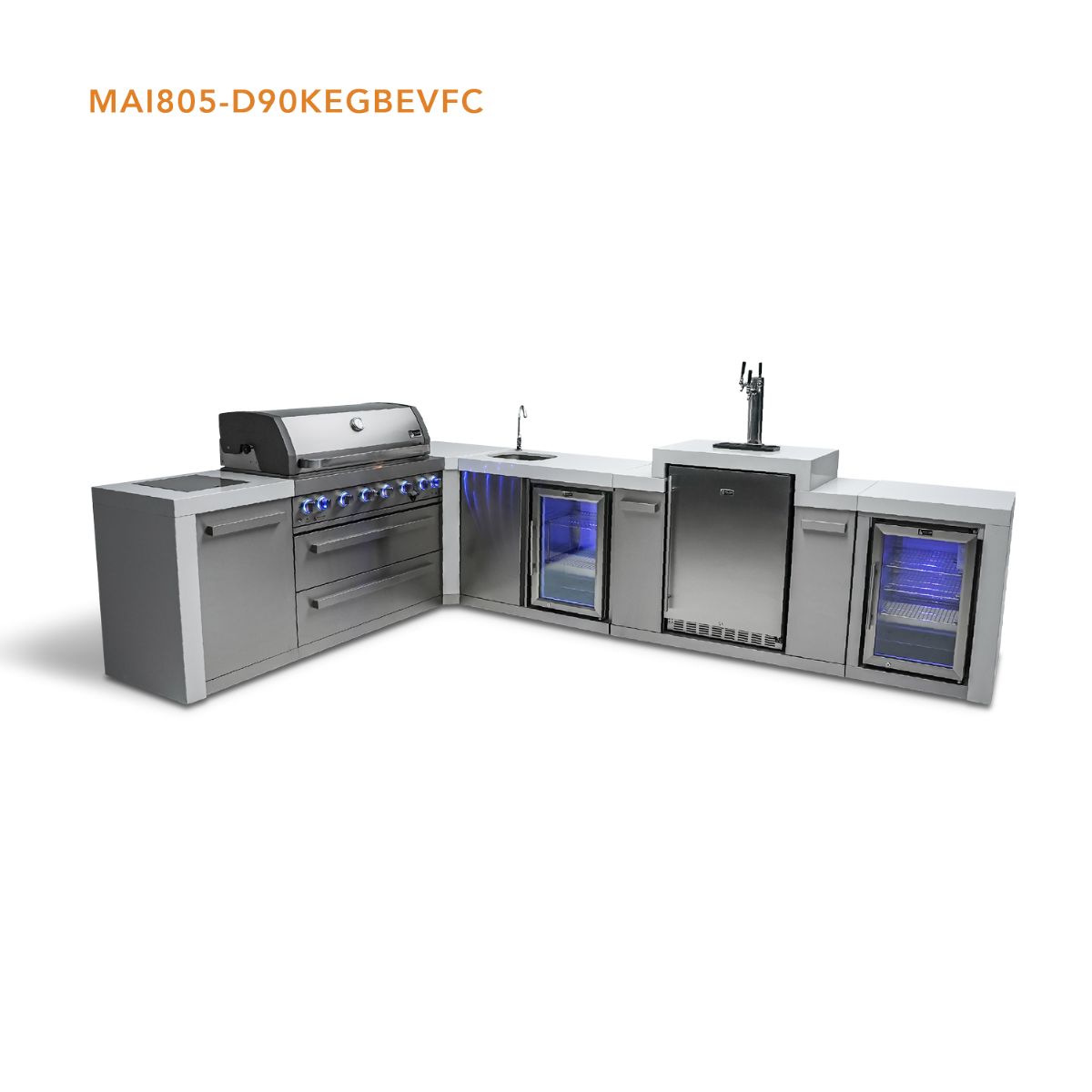 Mont Alpi 6-burner Deluxe Island with a 90-degree corner, kegerator, beverage center and fridge cabinet