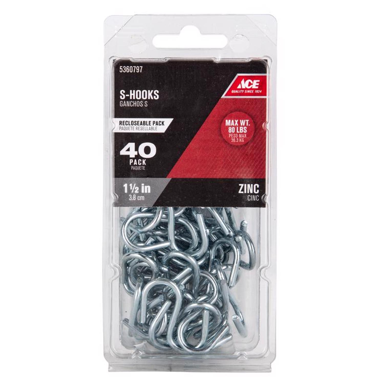 Ace Small Zinc-Plated Silver Steel 1.5 in. L S-Hook 20 lb 40 pk
