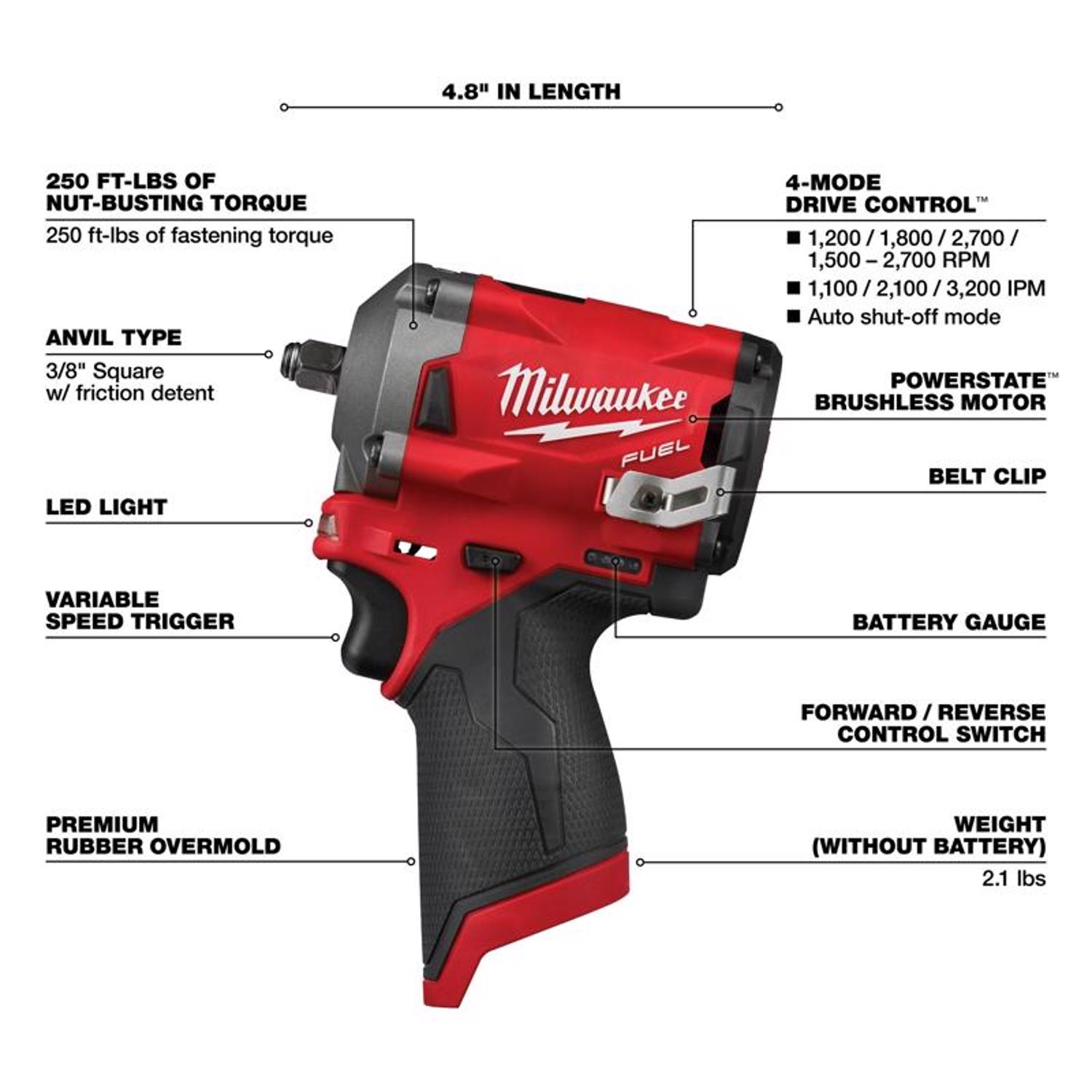 Milwaukee M12 FUEL 12 V 3/8 in. Cordless Brushless Stubby Impact Wrench Tool Only