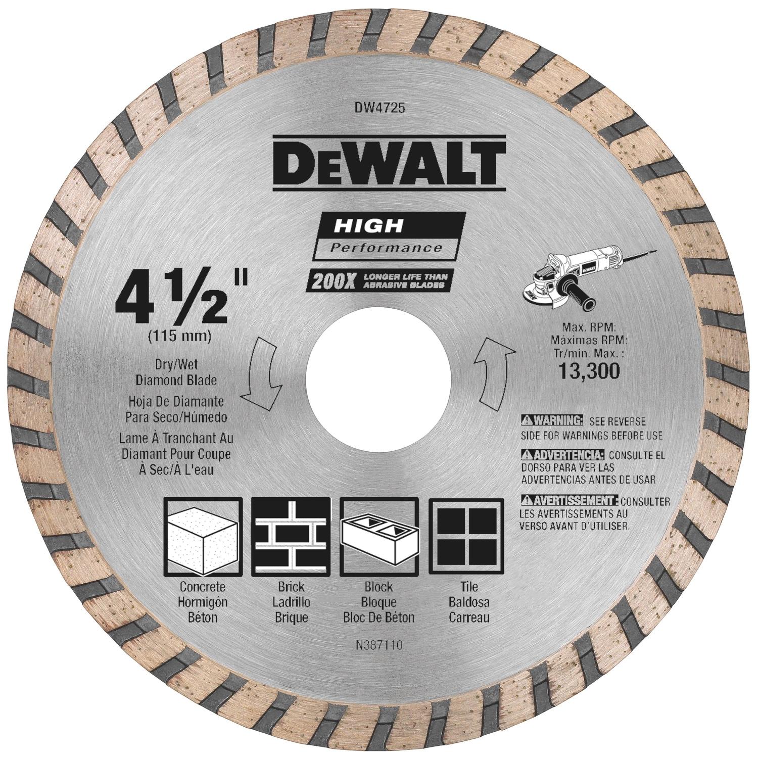 DeWalt High Performance 4-1/2 in. D X 7/8 in. Diamond Turbo Masonry Cut-Off Blade 1 pc