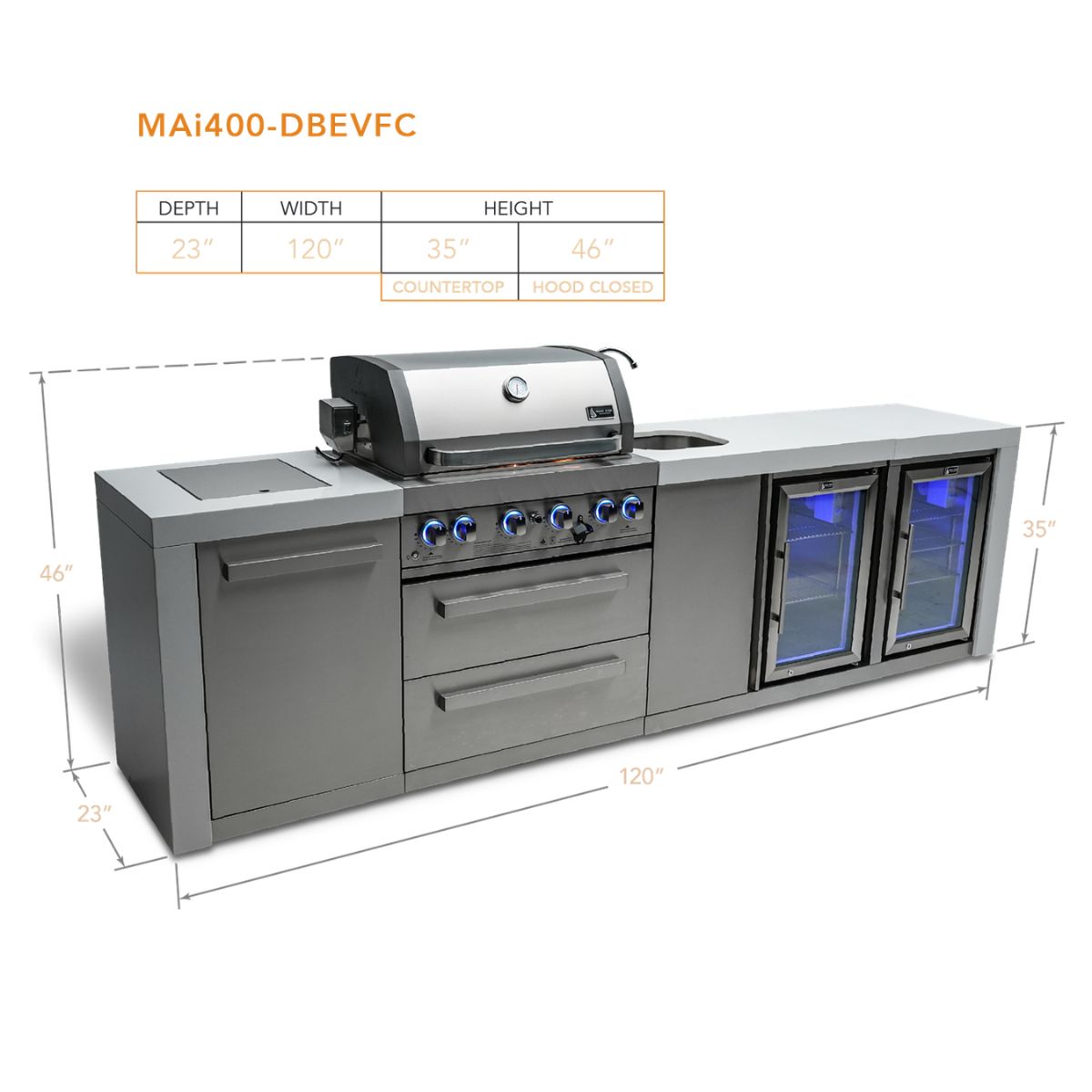 Mont Alpi 4-Burner Deluxe island with beverage center and fridge cabinet