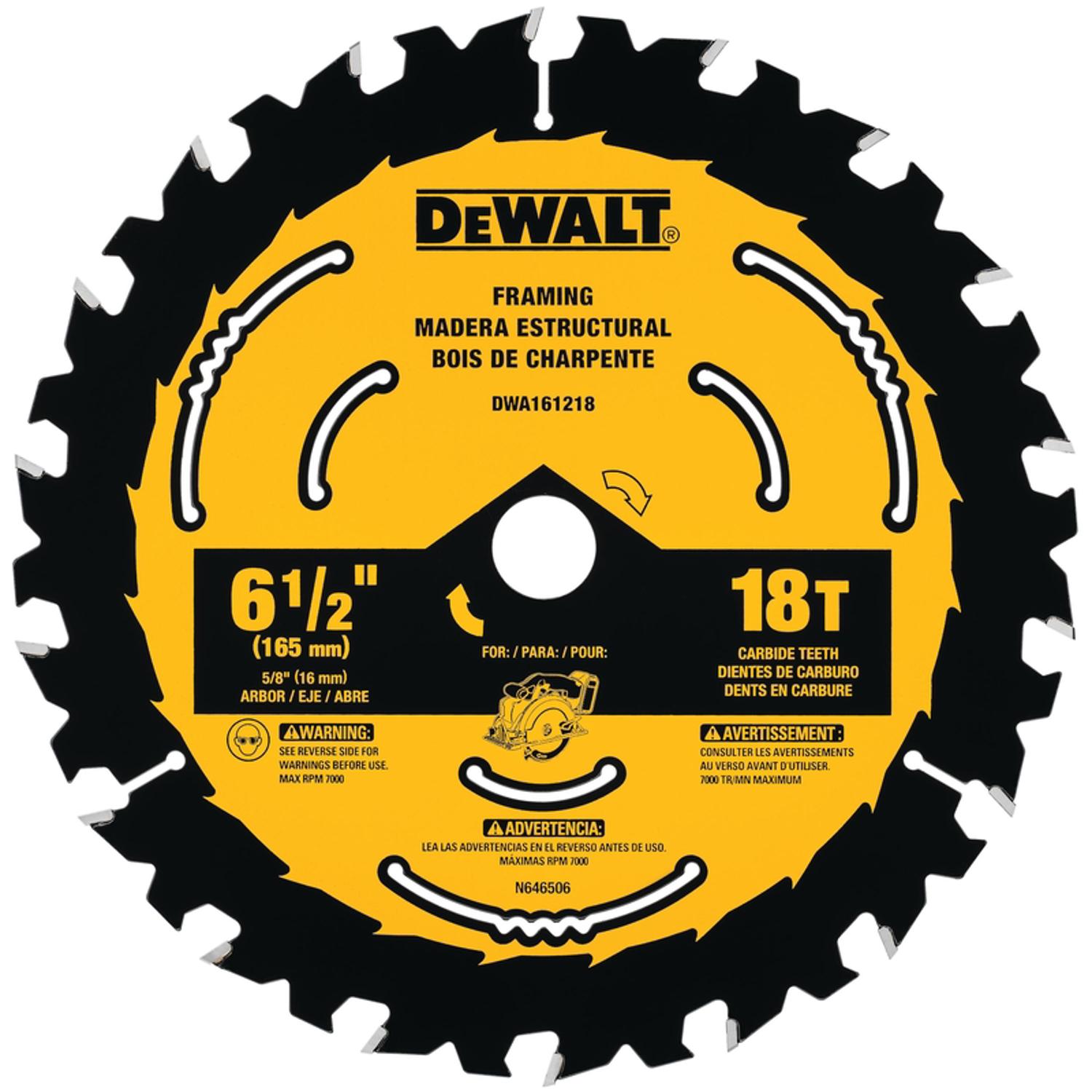 DeWalt 6-1/2 in. D X 5/8 in. Tungsten Carbide Circular Saw Blade 18 teeth 1 pk