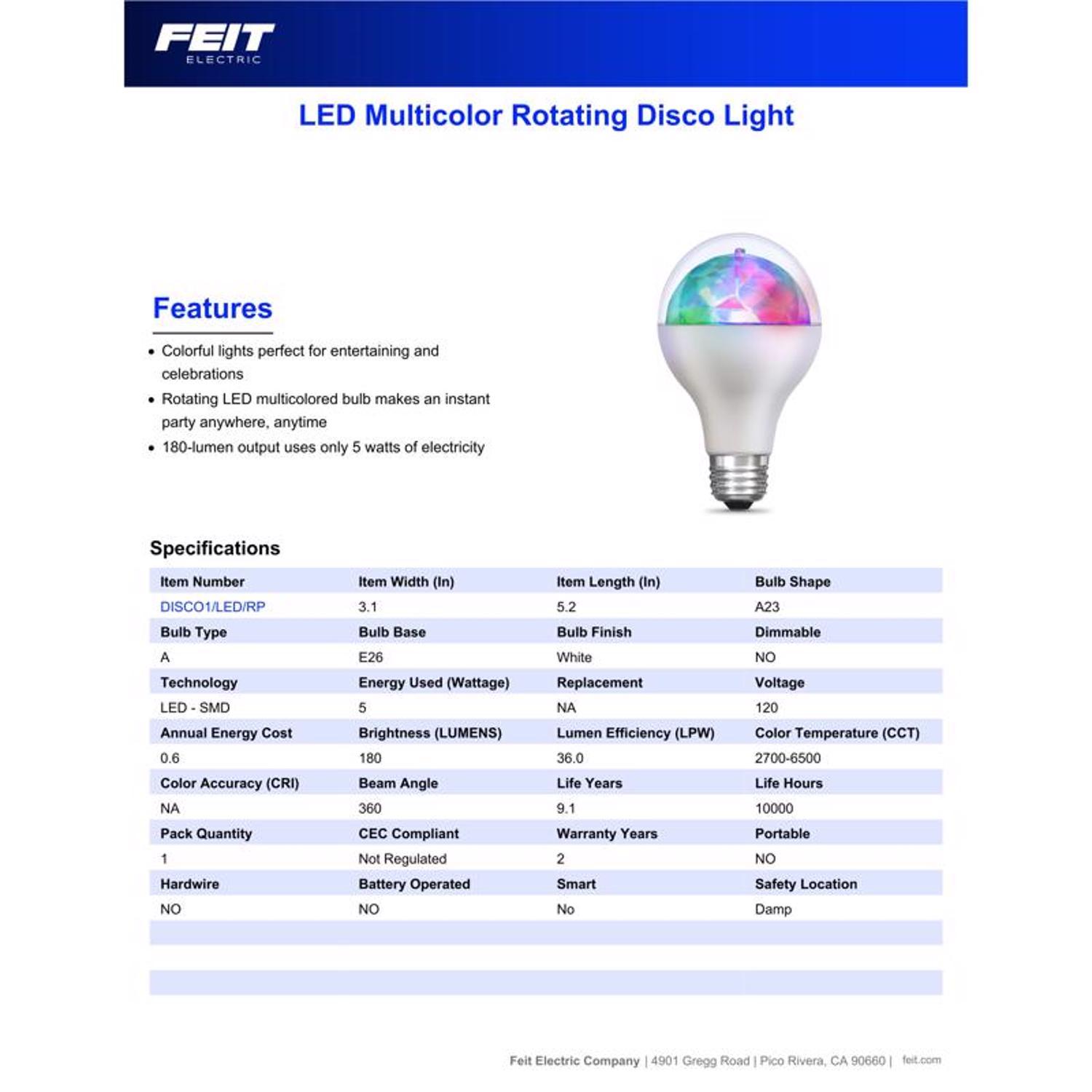 Feit A19 E26 (Medium) LED Bulb Color Changing 5 Watt Equivalence 1 pk