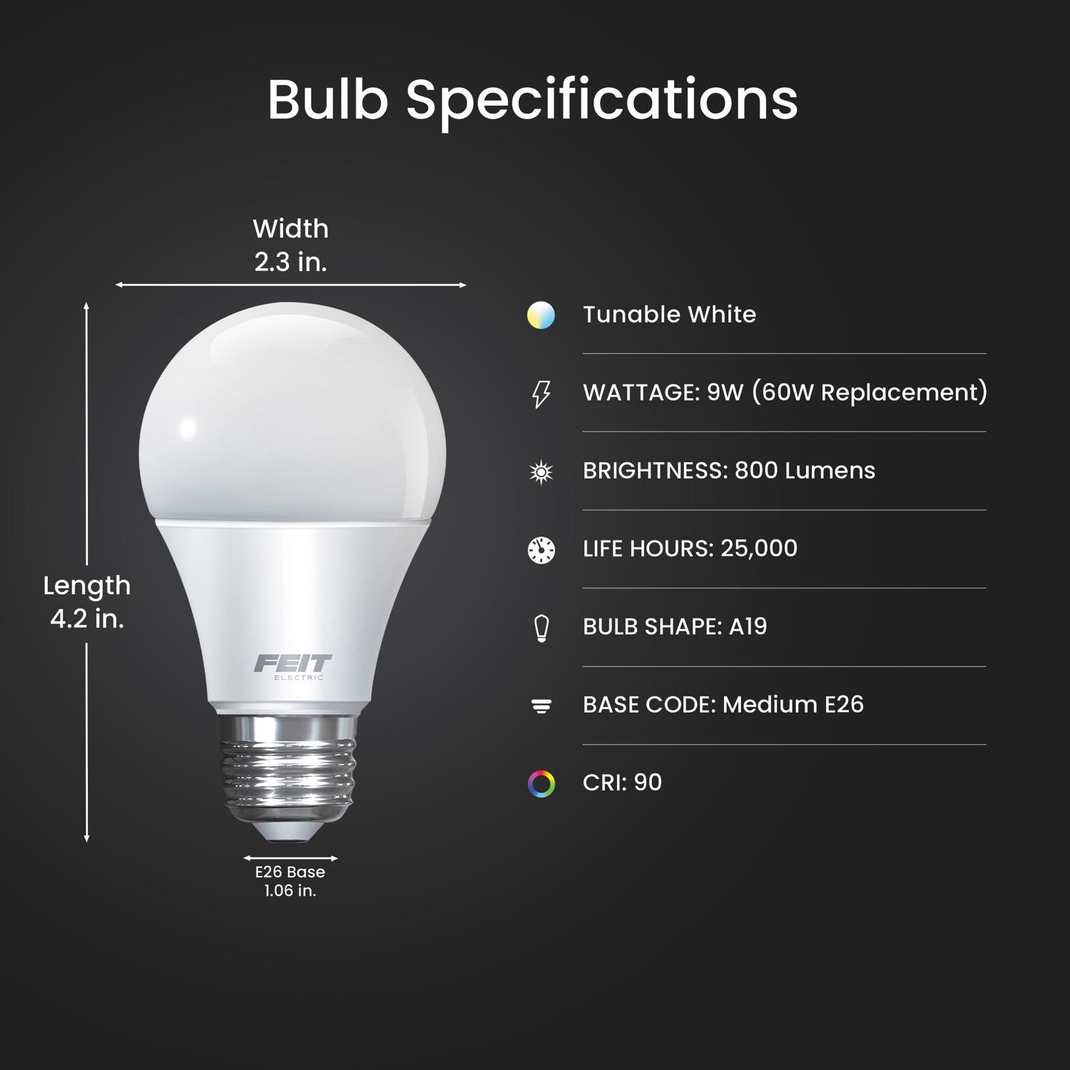 Feit A19 E26 (Medium) Smart-Enabled LED Bulb Tunable White 60 Watt Equivalence 3 pk
