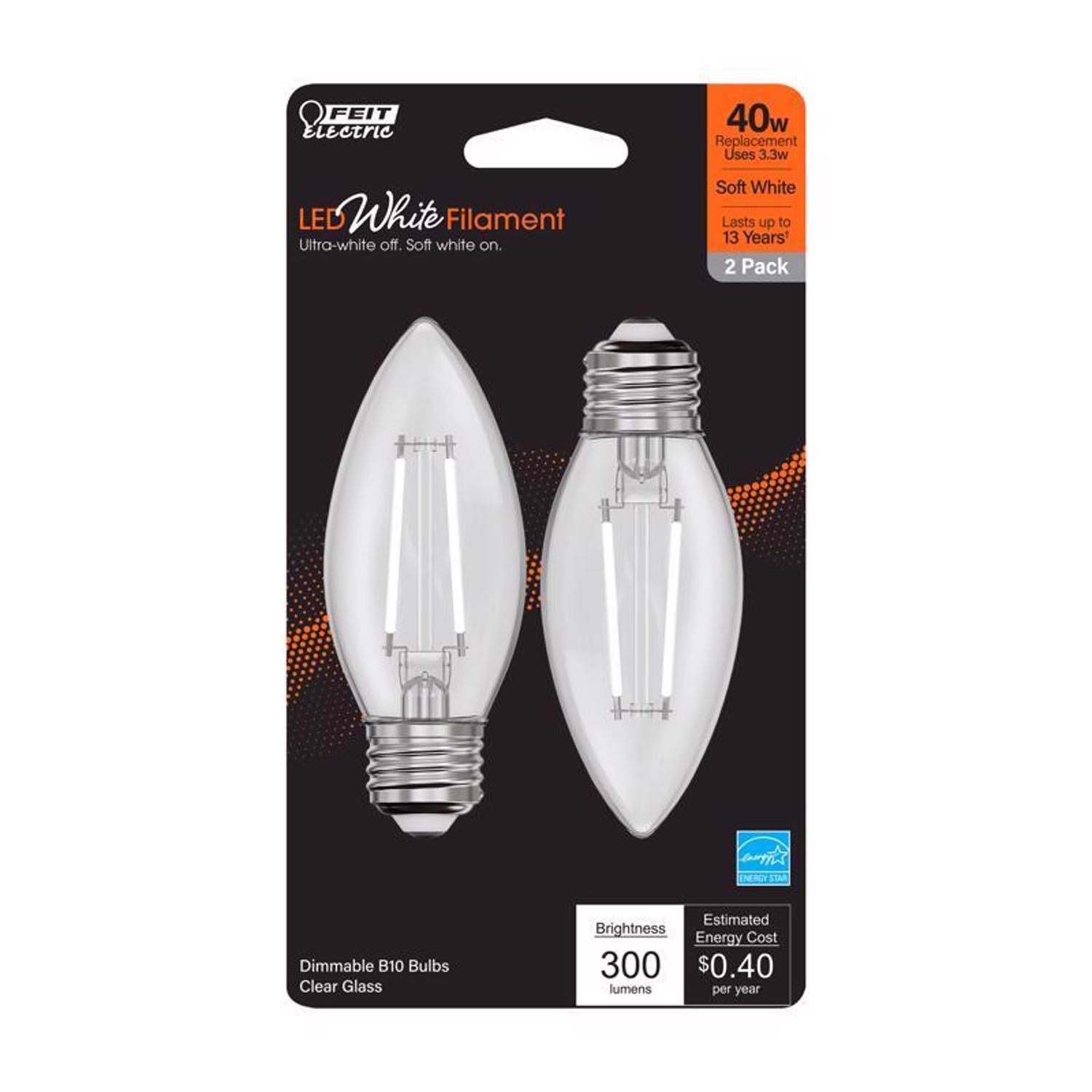 Feit White Filament B10 E26 (Medium) Filament LED Bulb Soft White 40 Watt Equivalence 2 pk