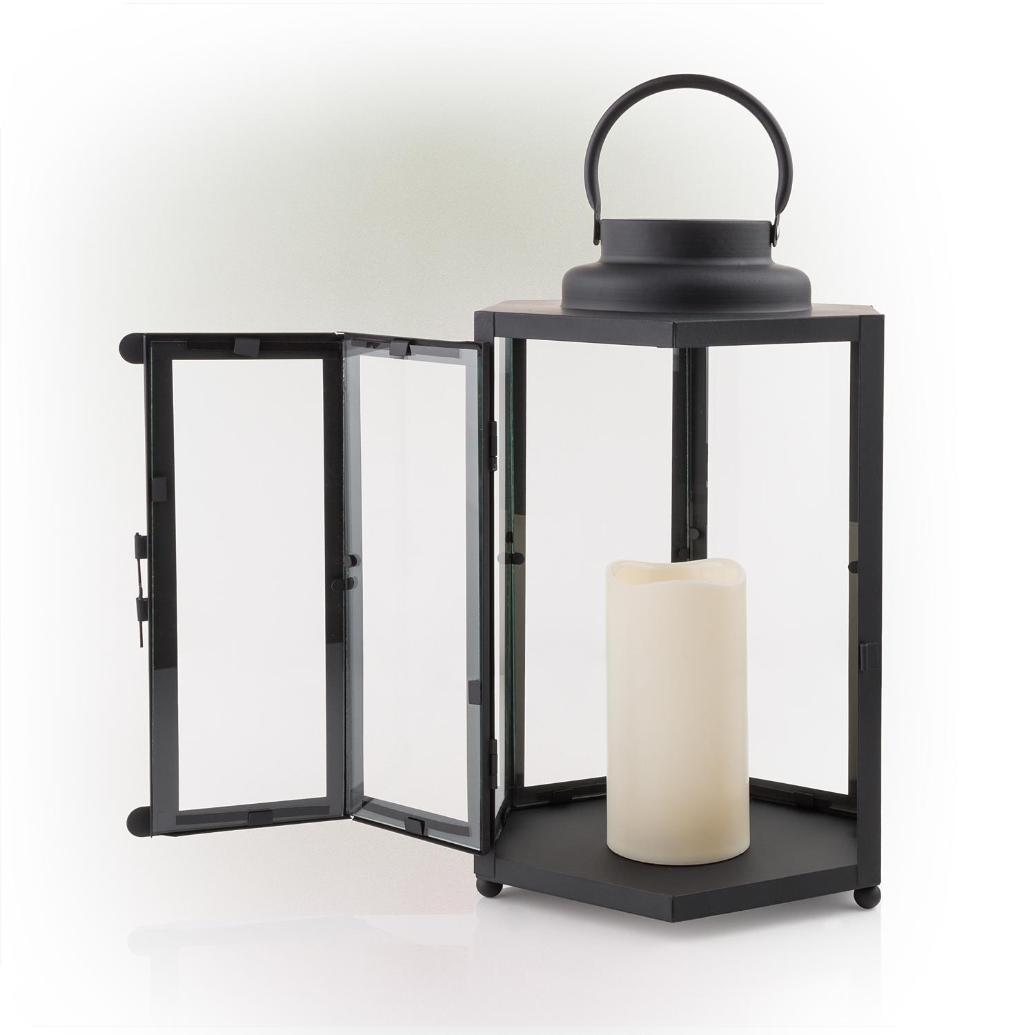 Alpine 14 in. Glass/Plastic Decorative Black Flameless Lantern