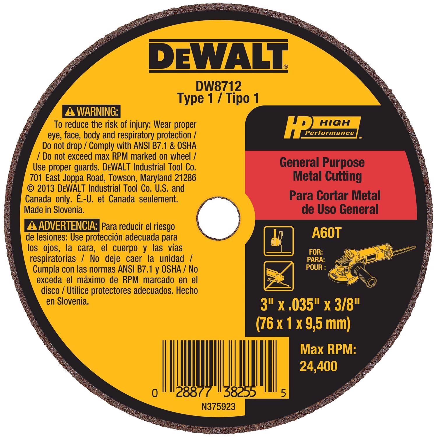 DeWalt HP 3 in. D X 3/8 in. X.035 in. thick Aluminum Oxide Abrasive Cut-Off Wheel 1 wheel