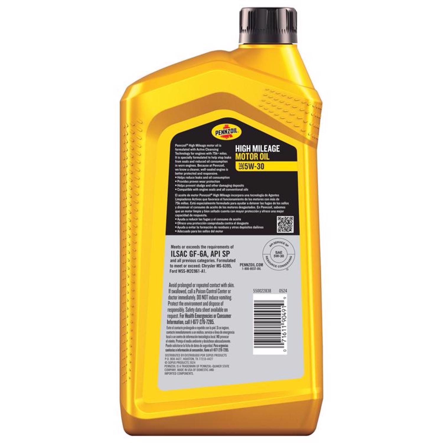 Pennzoil High Mileage Vehicle 5W-30 Synthetic Blend Motor Oil 1 qt 1 pk