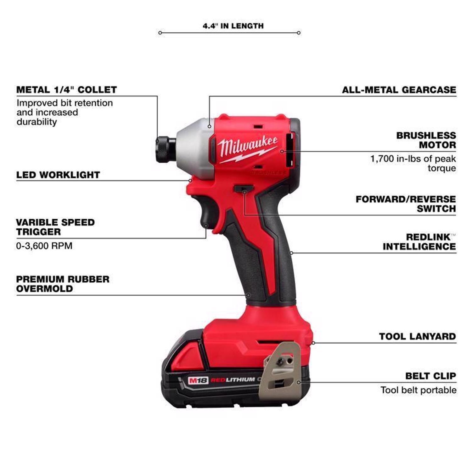 Milwaukee 18V M18 Compact Next Gen 1/4 in. Cordless Brushless Impact Driver Kit (Battery & Charger)