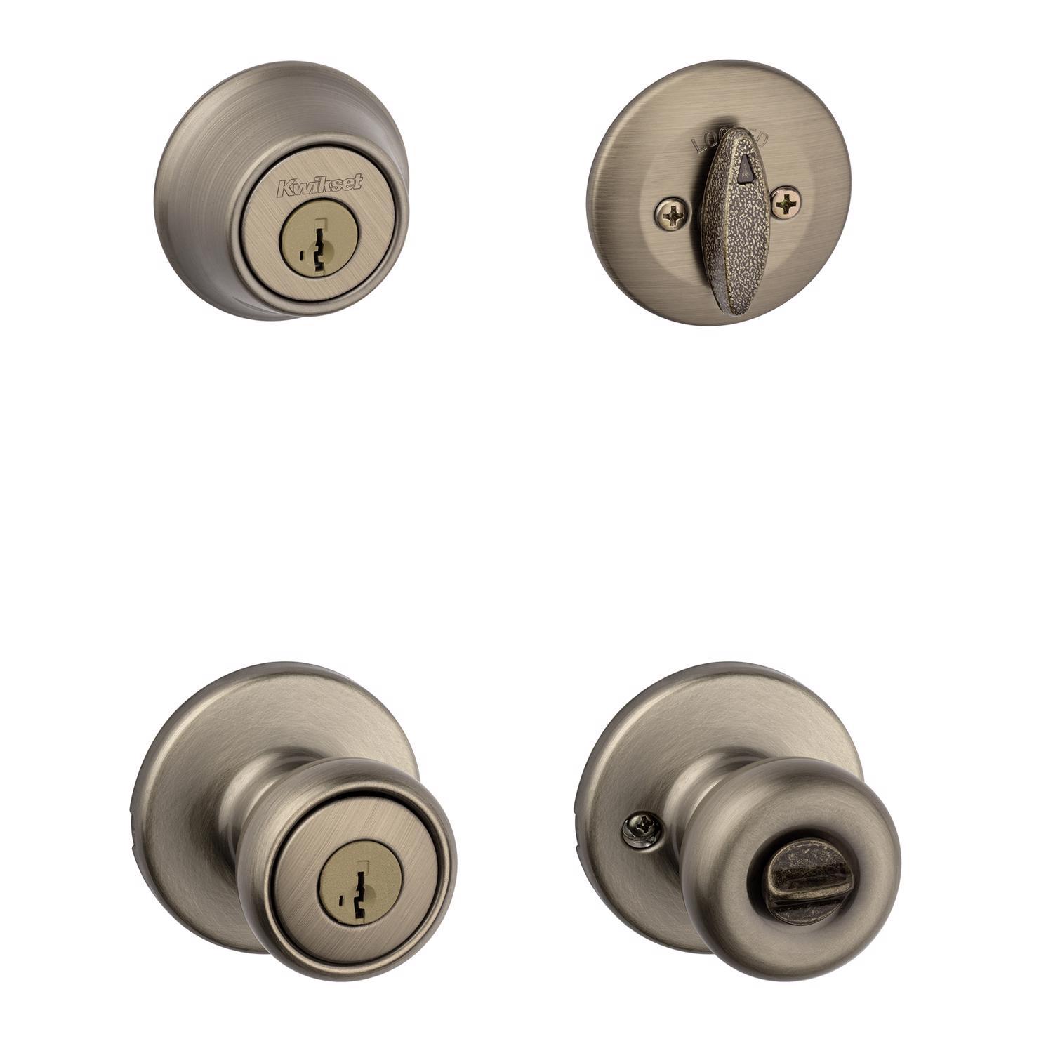 Kwikset Tylo Antique Brass Deadbolt and Passage Door Knob 1-3/4 in.