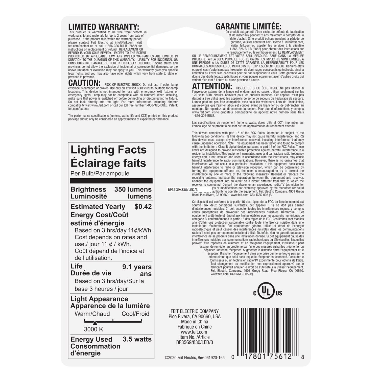 Feit T4 G9 LED Bulb Warm White 35 Watt Equivalence 3 pk