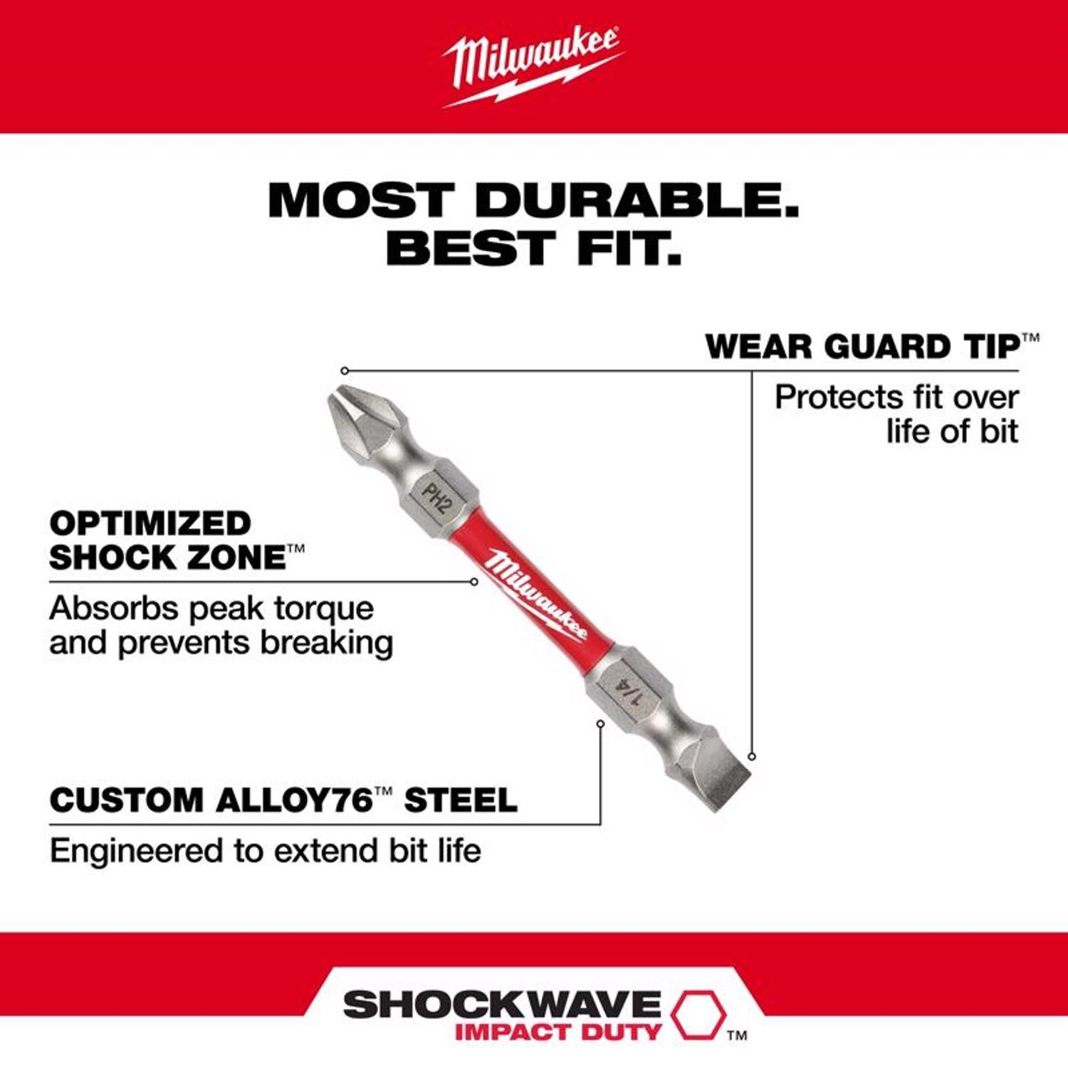 Milwaukee Shockwave Phillips/Square PH2/SQ2 X 2-3/8 in. L Impact Double-Ended Power Bit Steel 1 pc