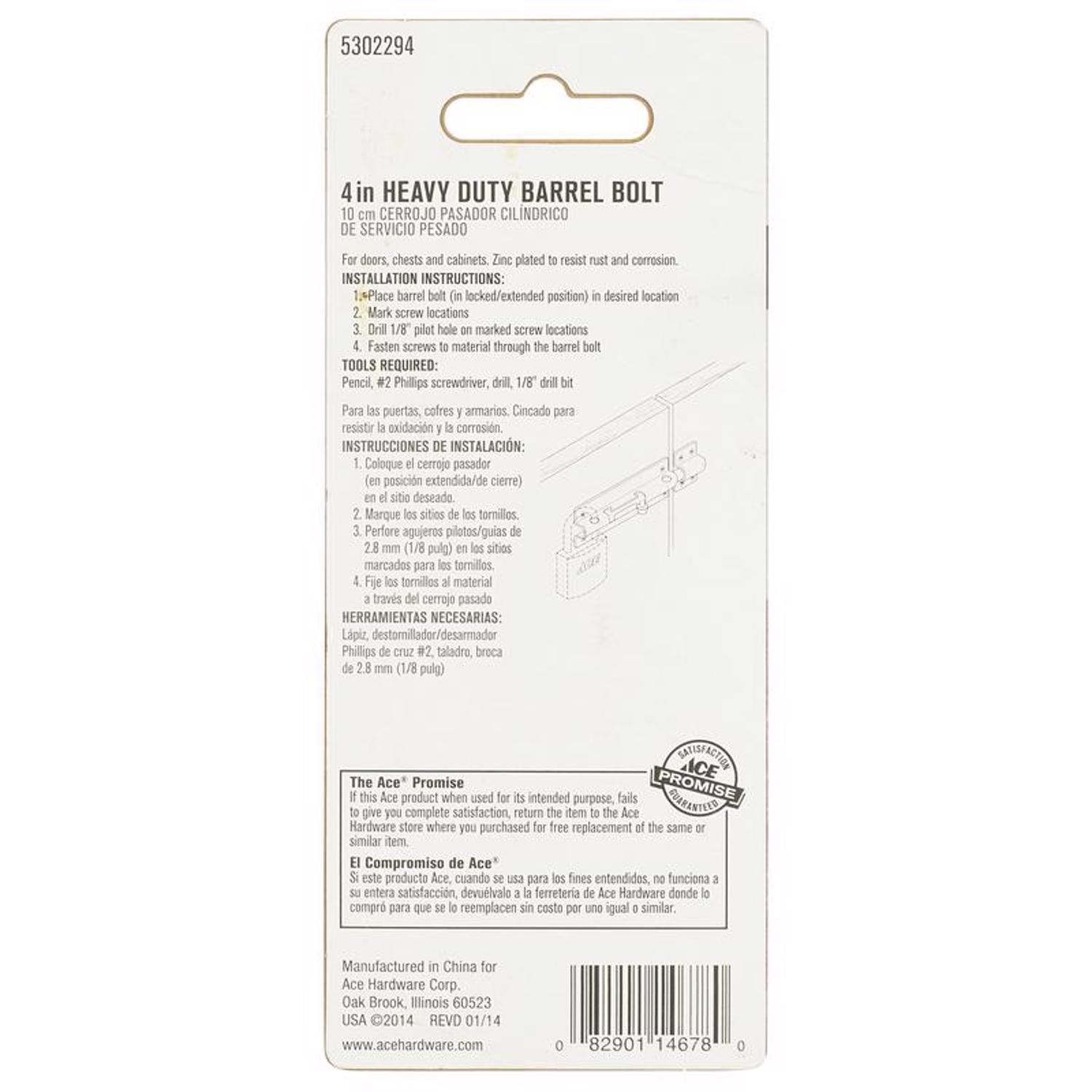 Ace 4 in. L Zinc-Plated Steel Barrel Bolt 1 pk