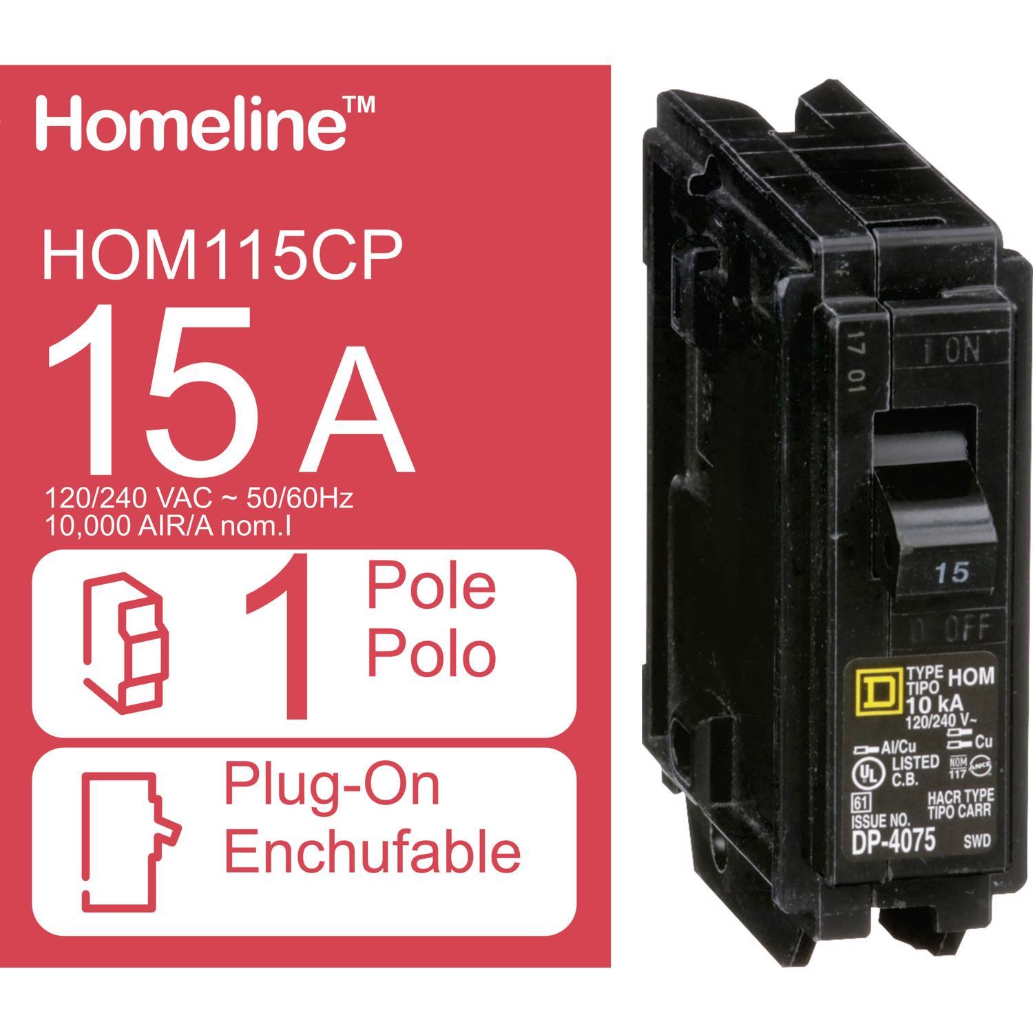 Square D Homeline 15 amps Plug In Single Pole Miniature Circuit Breaker