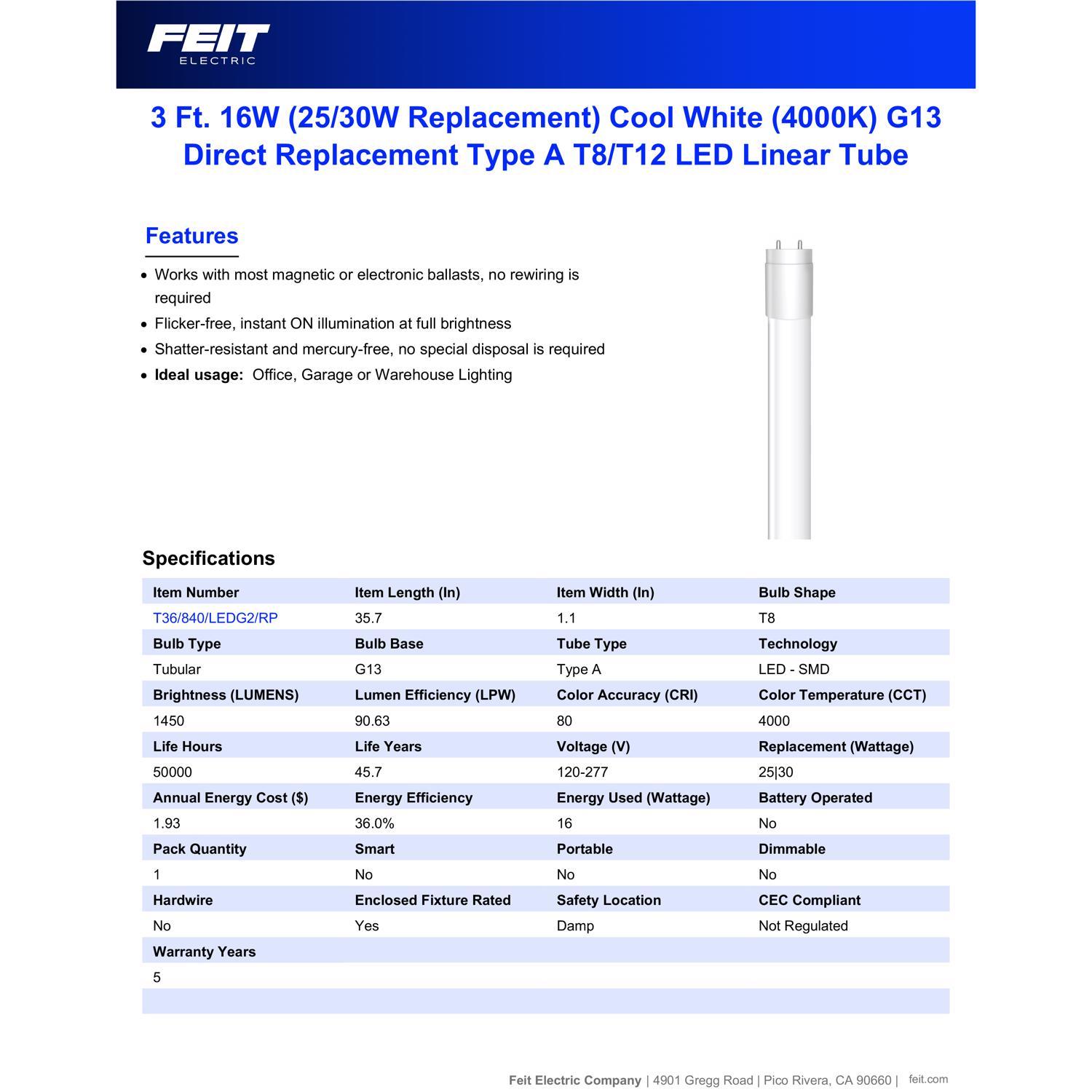 Feit Plug & Play T8 and T12 Cool White 35.7 in. G13 Linear LED Bulb 12 Watt Equivalence 1 pk