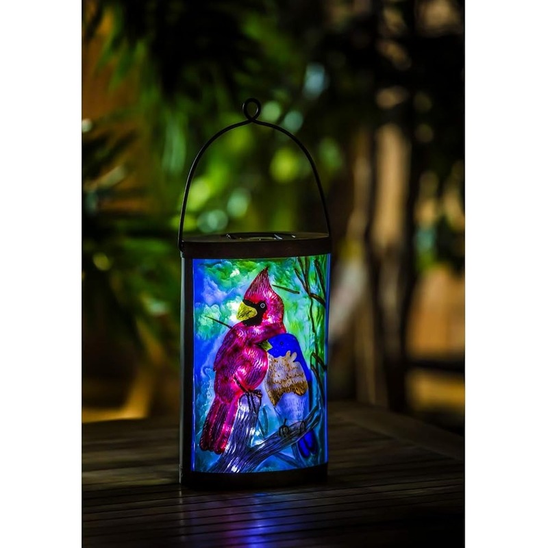 Evergreen Garden Beautiful Summer Cardinal and Blue Bird Painted Solar Lantern - 6 in. x 4 in. x 9 in.