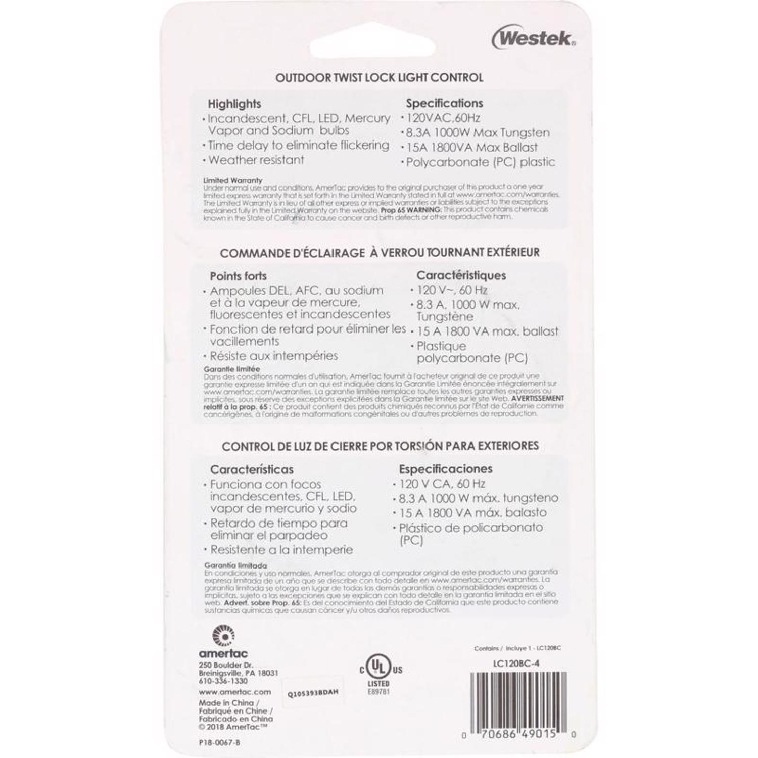 Amertac Black Photoelectric Twist Lock Light Control 1 pk