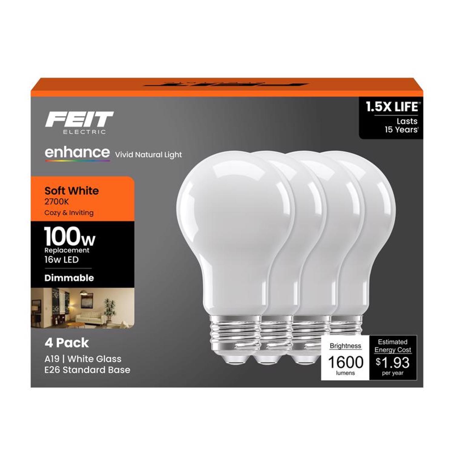 Feit A19 E26 (Medium) LED Bulb Soft White 100 Watt Equivalence 4 Pack