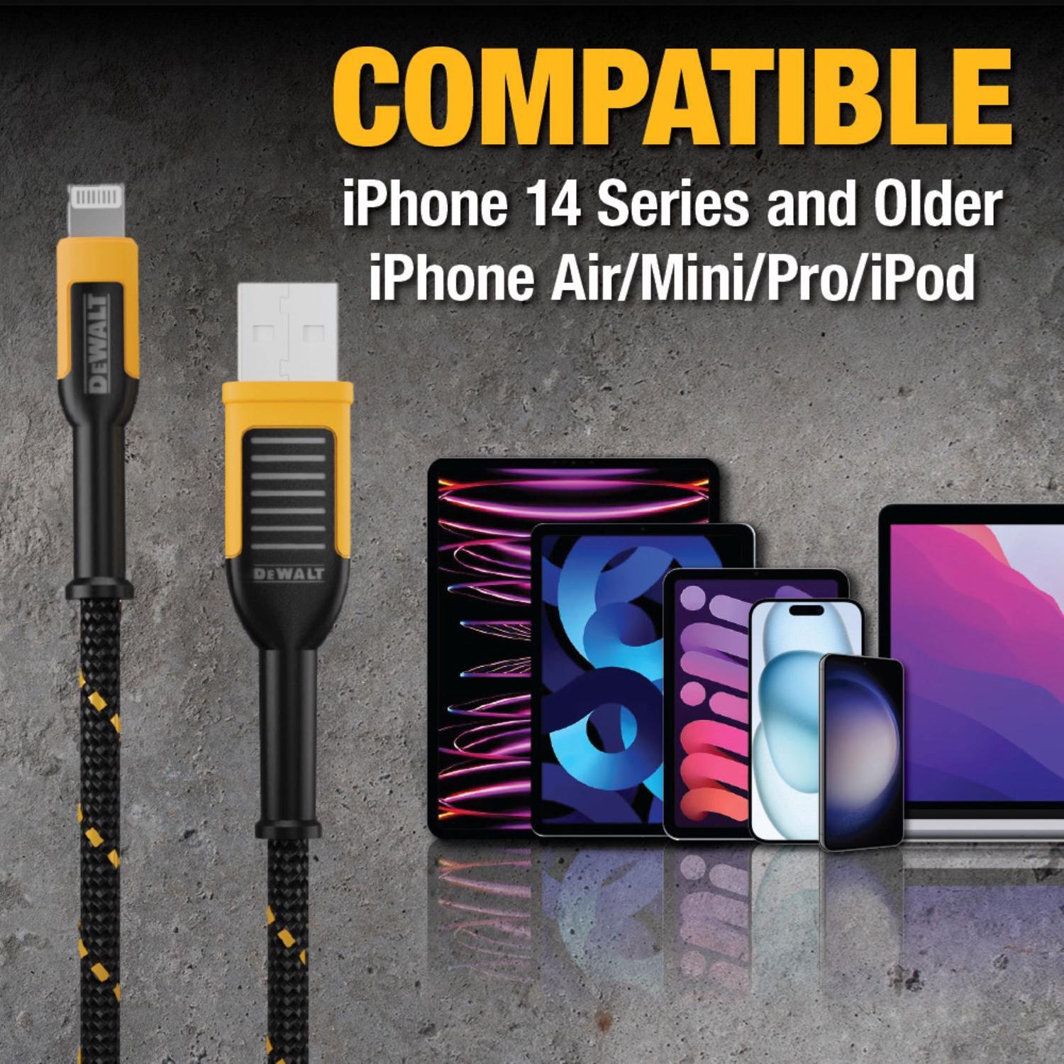 DeWalt Lightning to USB Charge and Sync Cable 10 ft. Black/Yellow