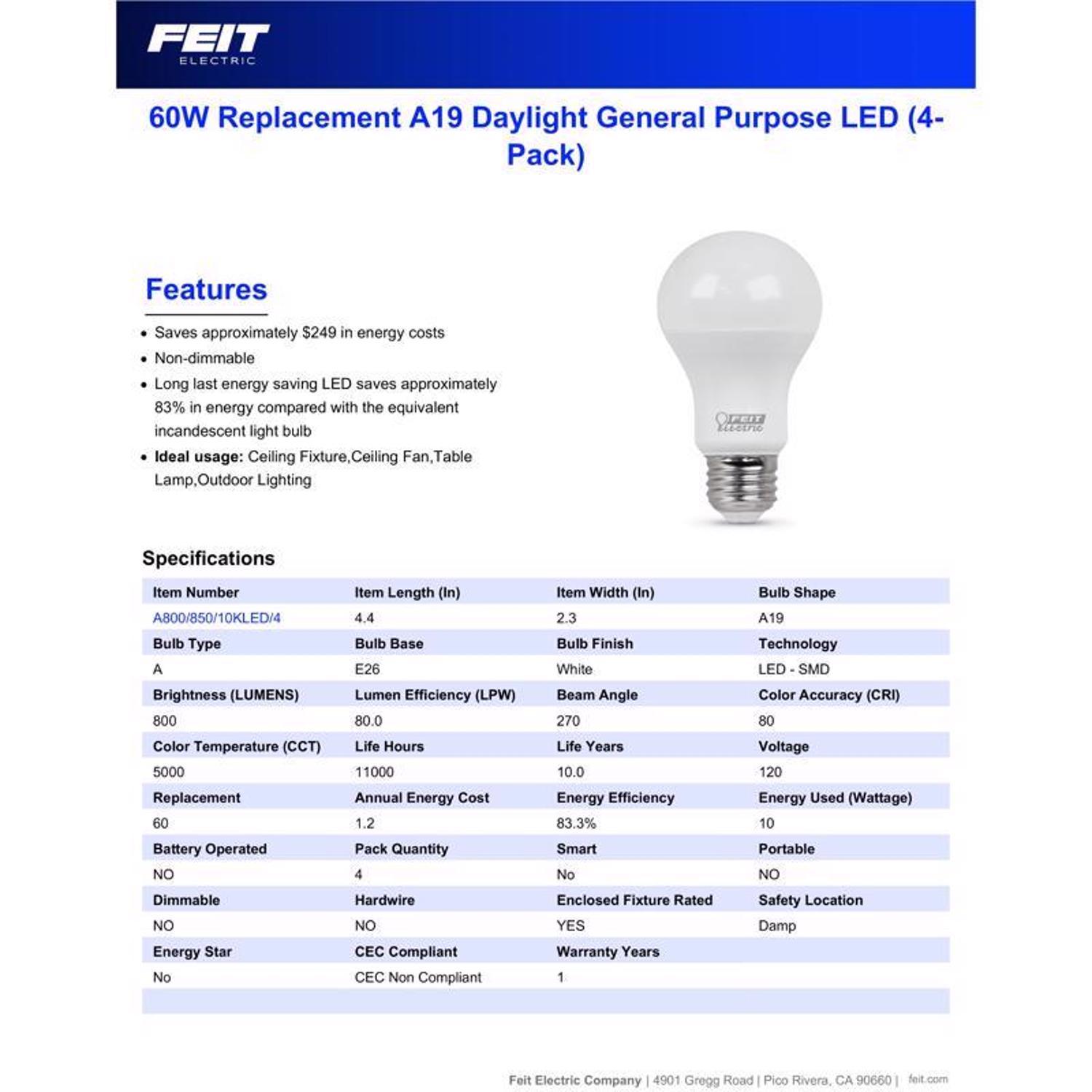 Feit A19 E26 (Medium) LED Bulb Daylight 60 Watt Equivalence 4 pk