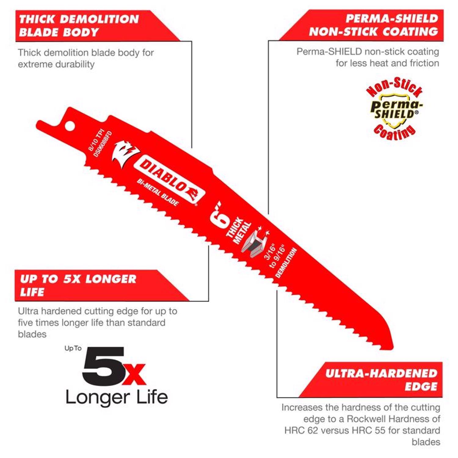 Diablo 6 in. Bi-Metal Thick Metal & Demolition Reciprocating Saw Blade 8/10 TPI 5 pk