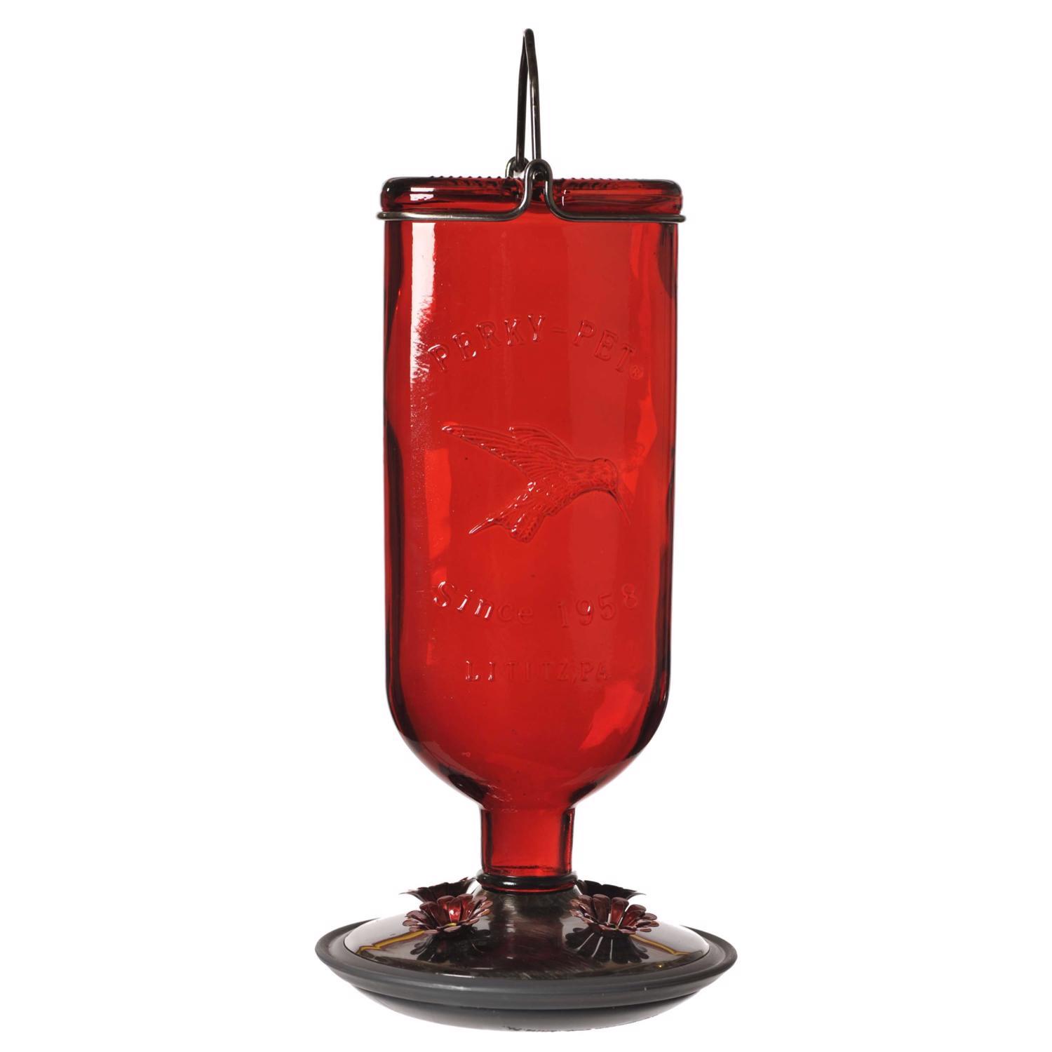 Perky-Pet Hummingbird 16 oz Glass/Metal/Plastic Antique Bottle Nectar Bird Feeder 4 ports