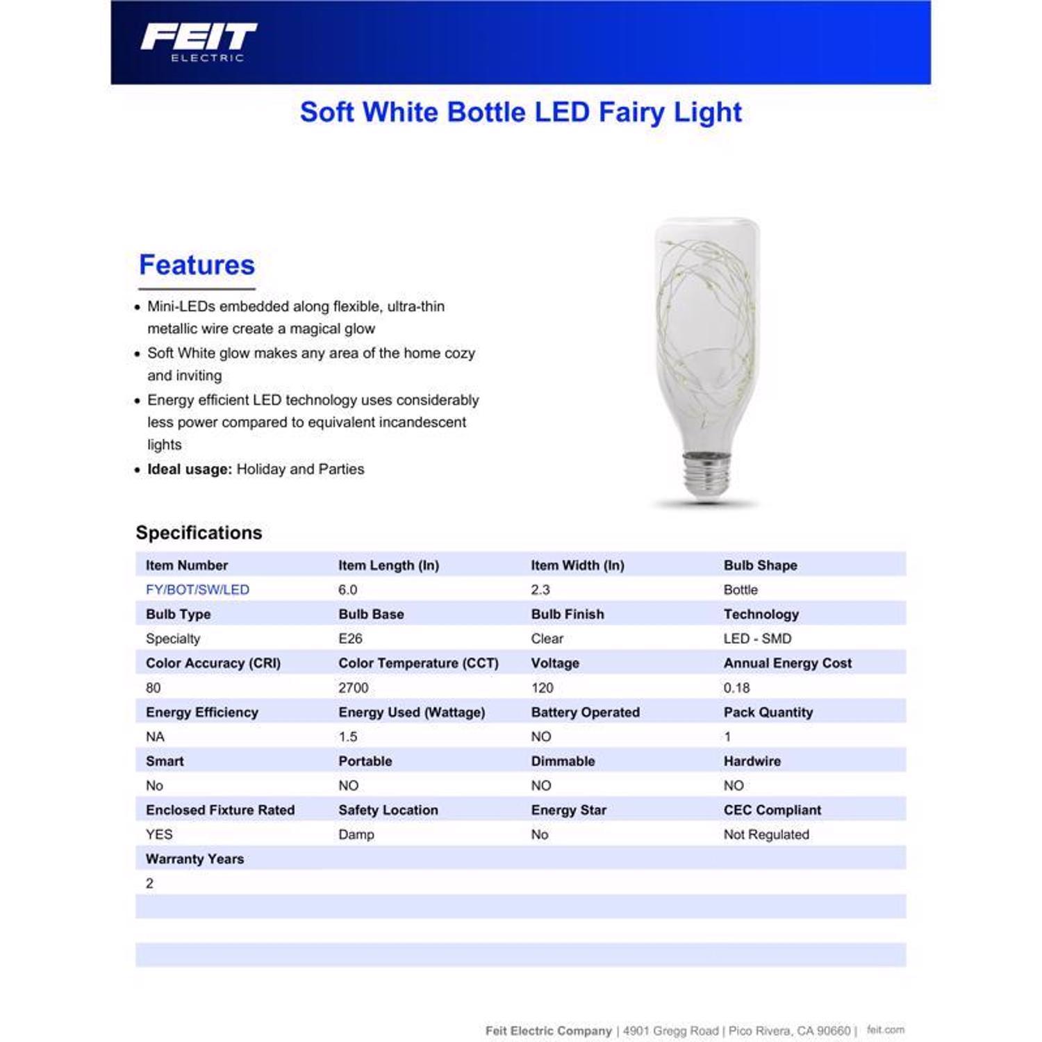 Feit Bottle E26 (Medium) LED Bulb Soft White 1.5 Watt Equivalence 1 pk