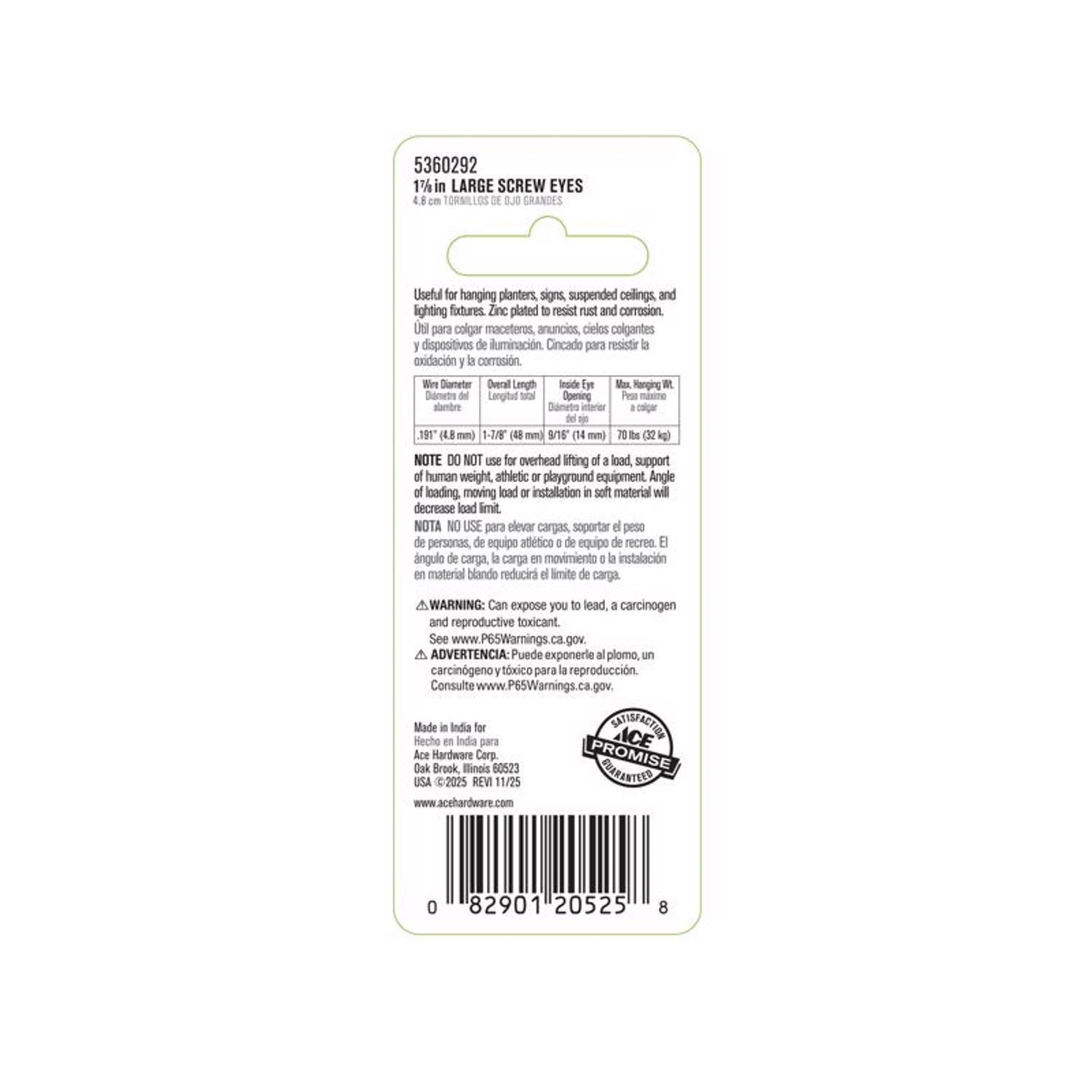 Ace 1/4 in. D X 17/8 in. L Zinc-Plated Steel Screw Eye 70 lb. cap. 4 pk