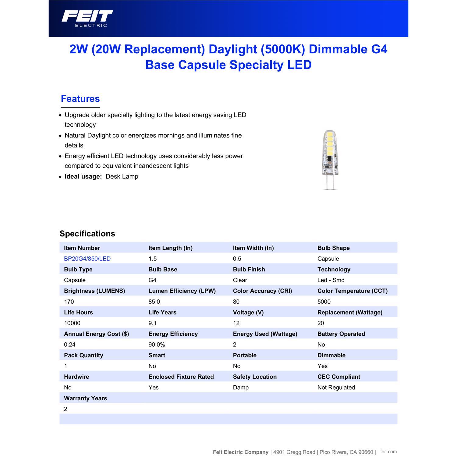 Feit T4 G4 LED Bulb Daylight 20 Watt Equivalence 1 Pack