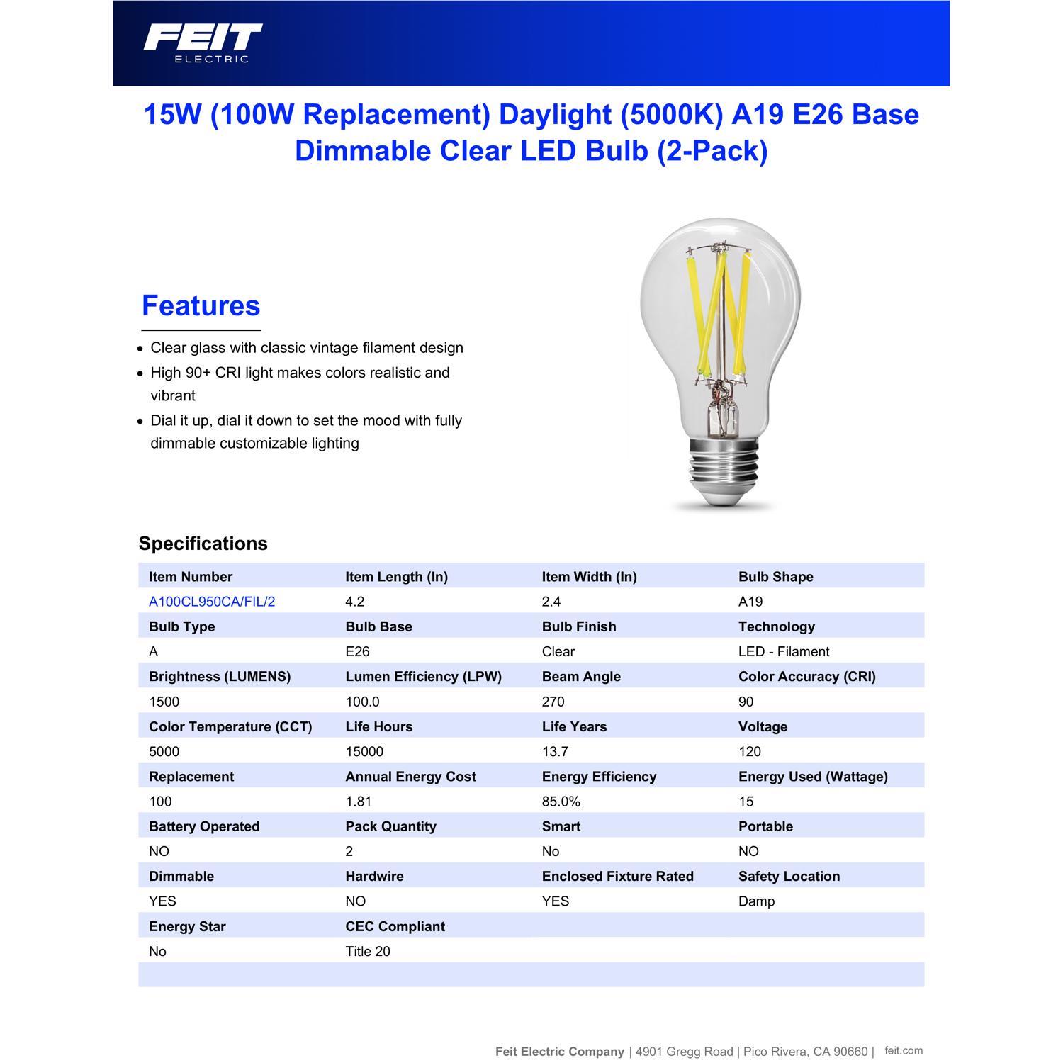 Feit Enhance A19 E26 (Medium) Filament LED Bulb Daylight 100 Watt Equivalence 2 pk