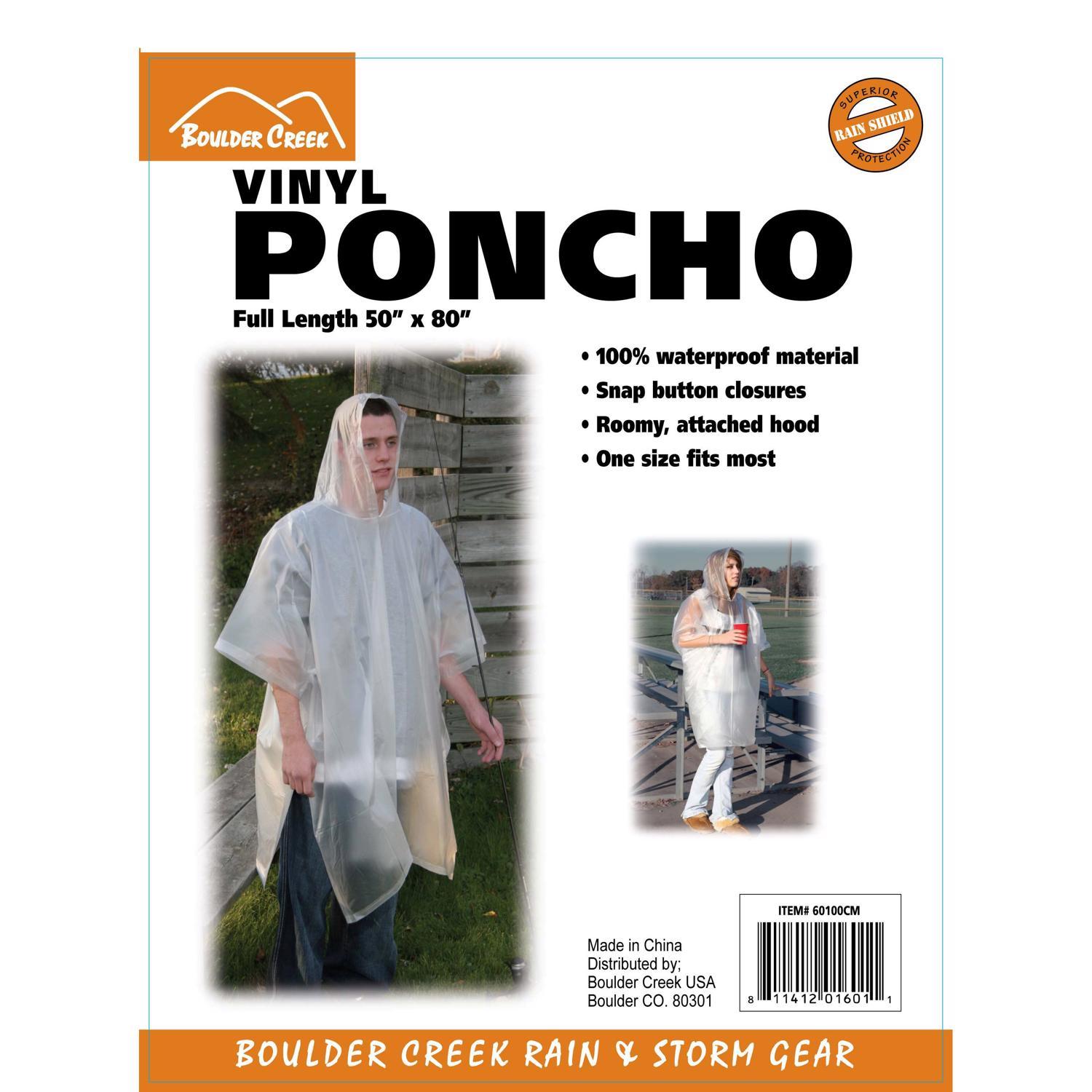 Boulder Creek Clear Vinyl Rain Poncho One Size Fits All 10 mil