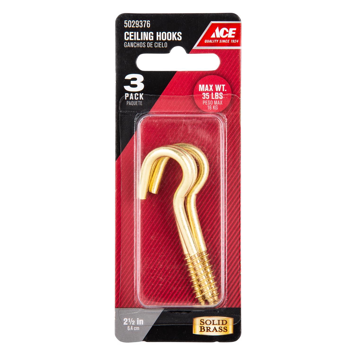 Ace Small Polished Brass Green Brass 2.5 in. L Ceiling Hook 35 lb 3 pk