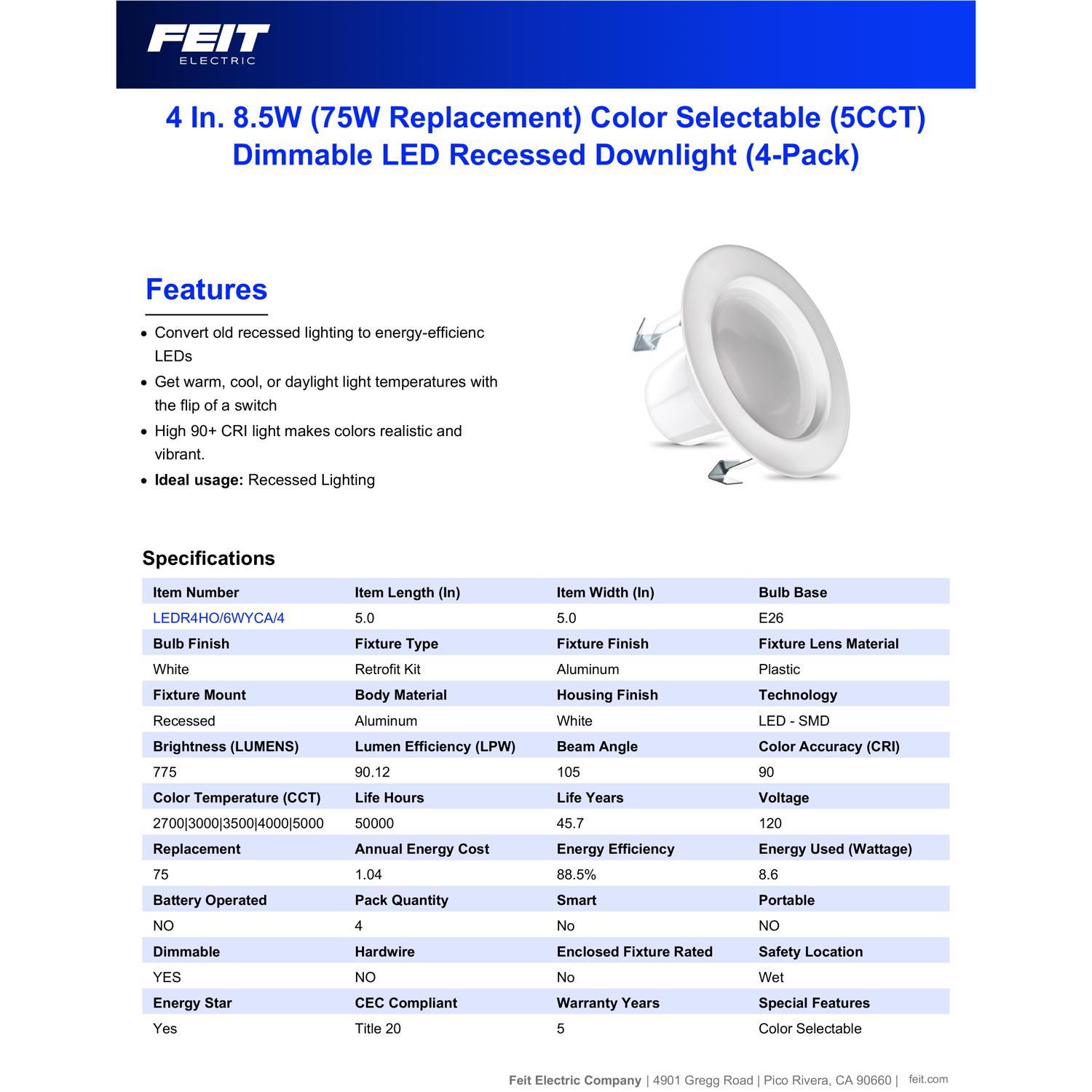 Feit Enhance White 5 in. W Aluminum LED Dimmable Recessed Downlight 8.6 W