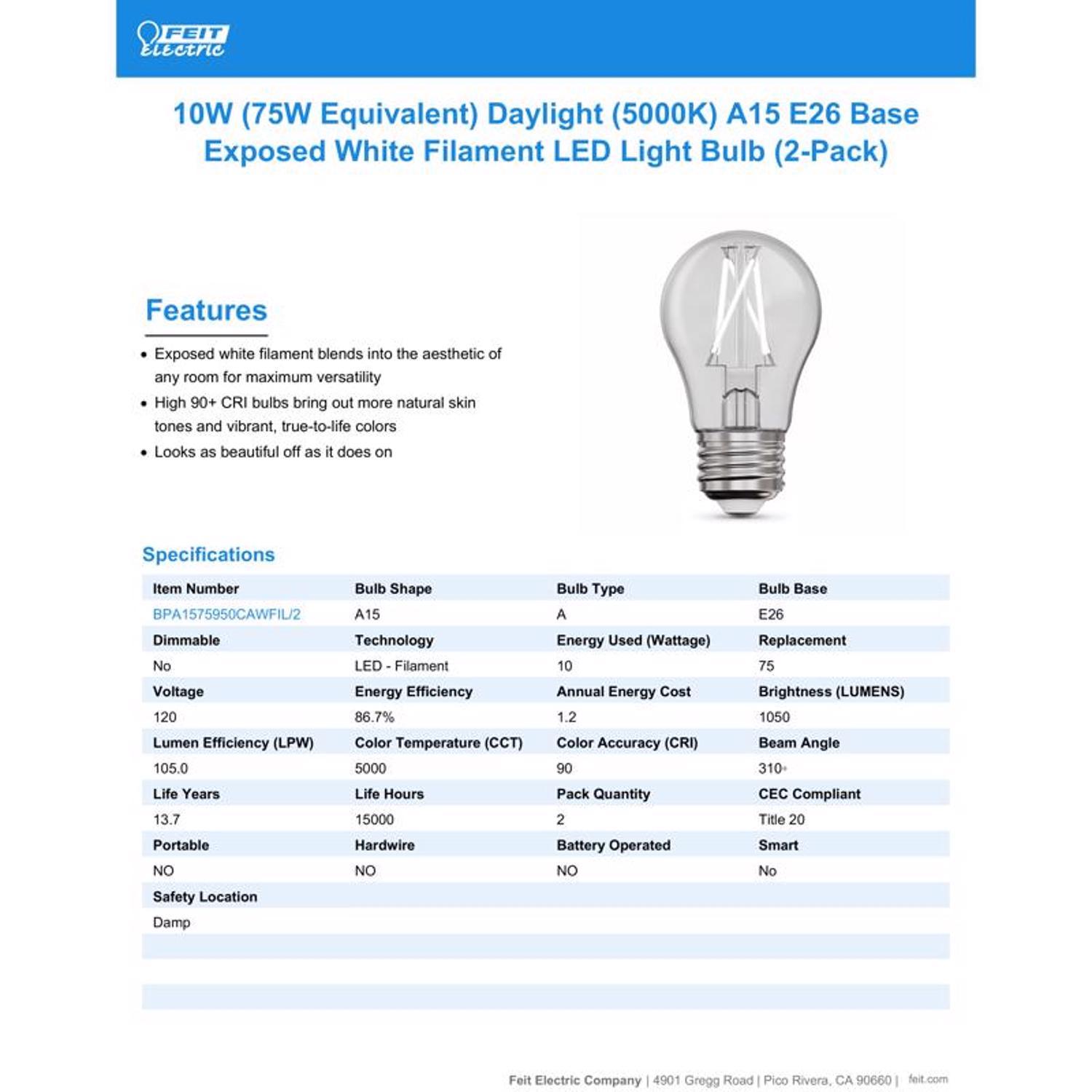 Feit White A15 E26 (Medium) Filament LED Bulb Daylight 75 Watt Equivalence 2 pk