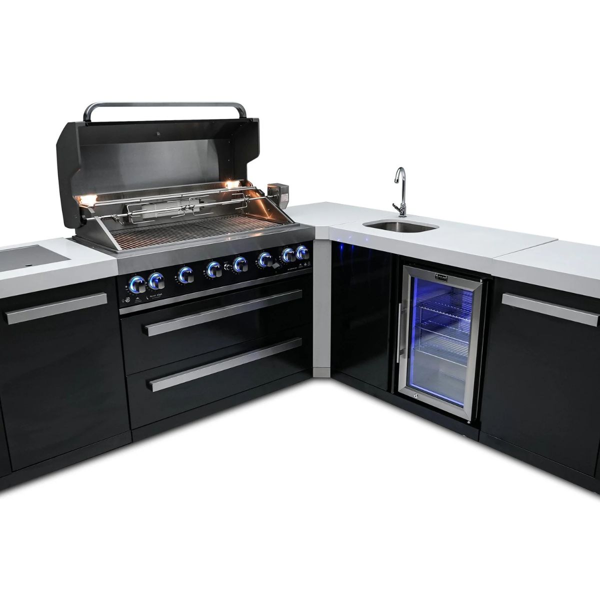 Mont Alpi 805 Black Stainless Steel Island with a 90-degree corner and beverage center