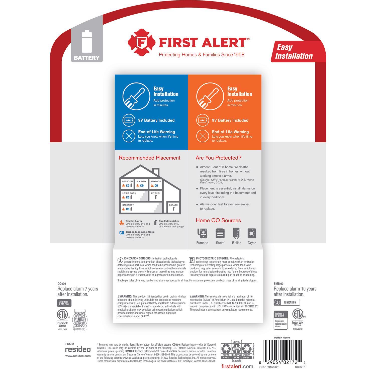 First Alert Battery-Powered Ionization Smoke and Carbon Monoxide Combination Pack 2 each