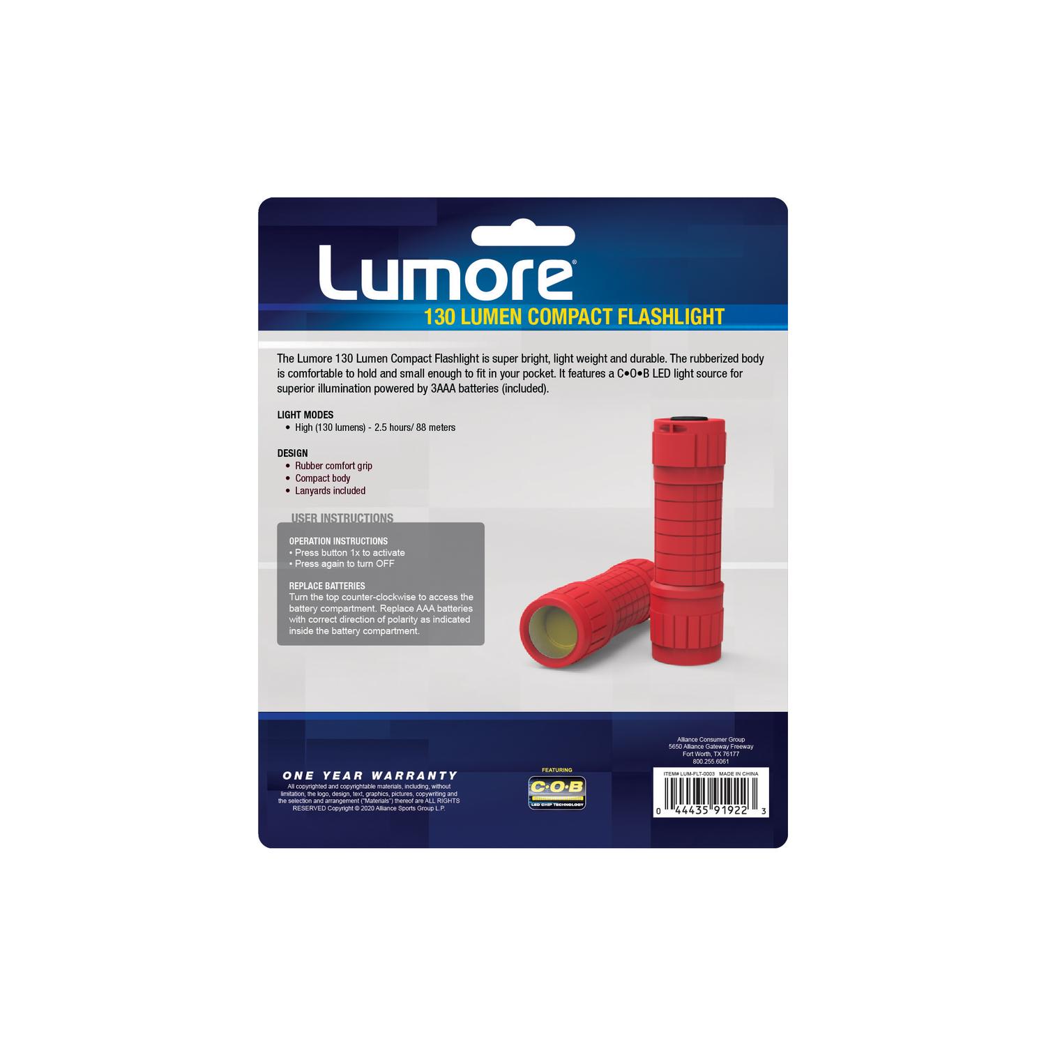 Lumore 130 lm Red LED COB Flashlight AAA Battery