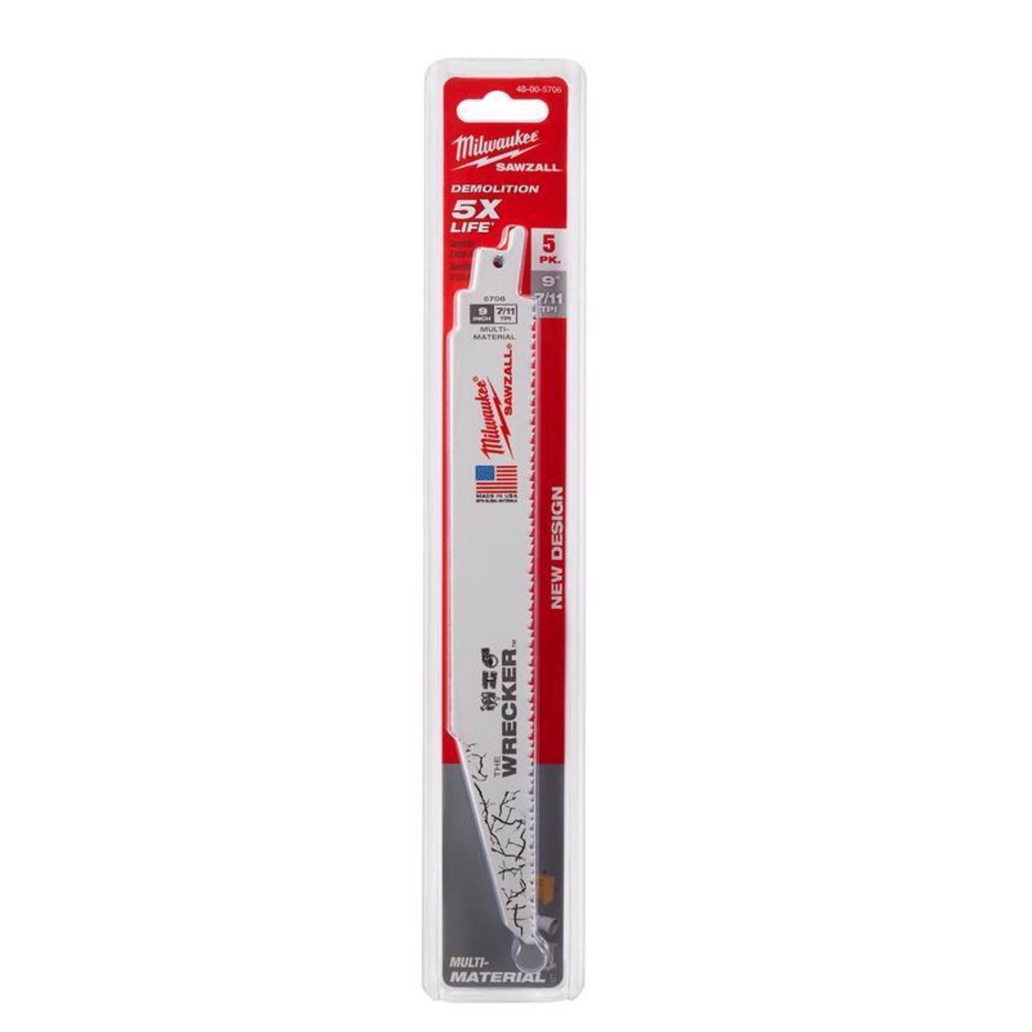 Milwaukee The Wrecker 9 in. Bi-Metal Demolition Reciprocating Saw Blade 7/11 TPI 5 pk