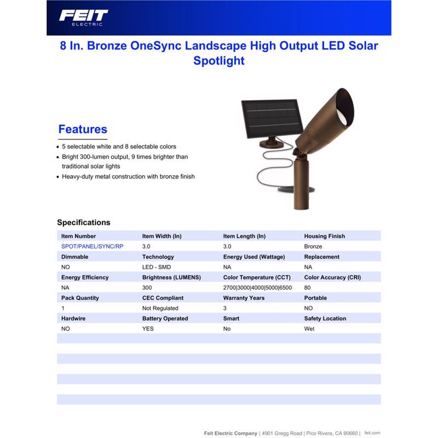 Feit OneSync Solar Powered 100 W LED Spot Light Kit 1 pk