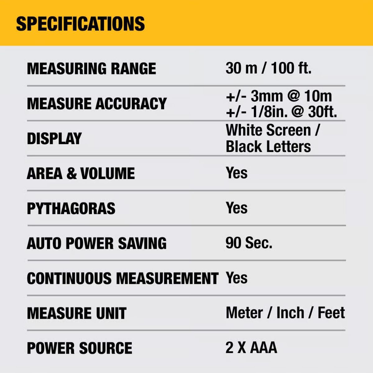 DeWalt 6.5 in. L x 3.8 in. W Laser Distance Measurer 100 ft. Black/Yellow 1 Piece