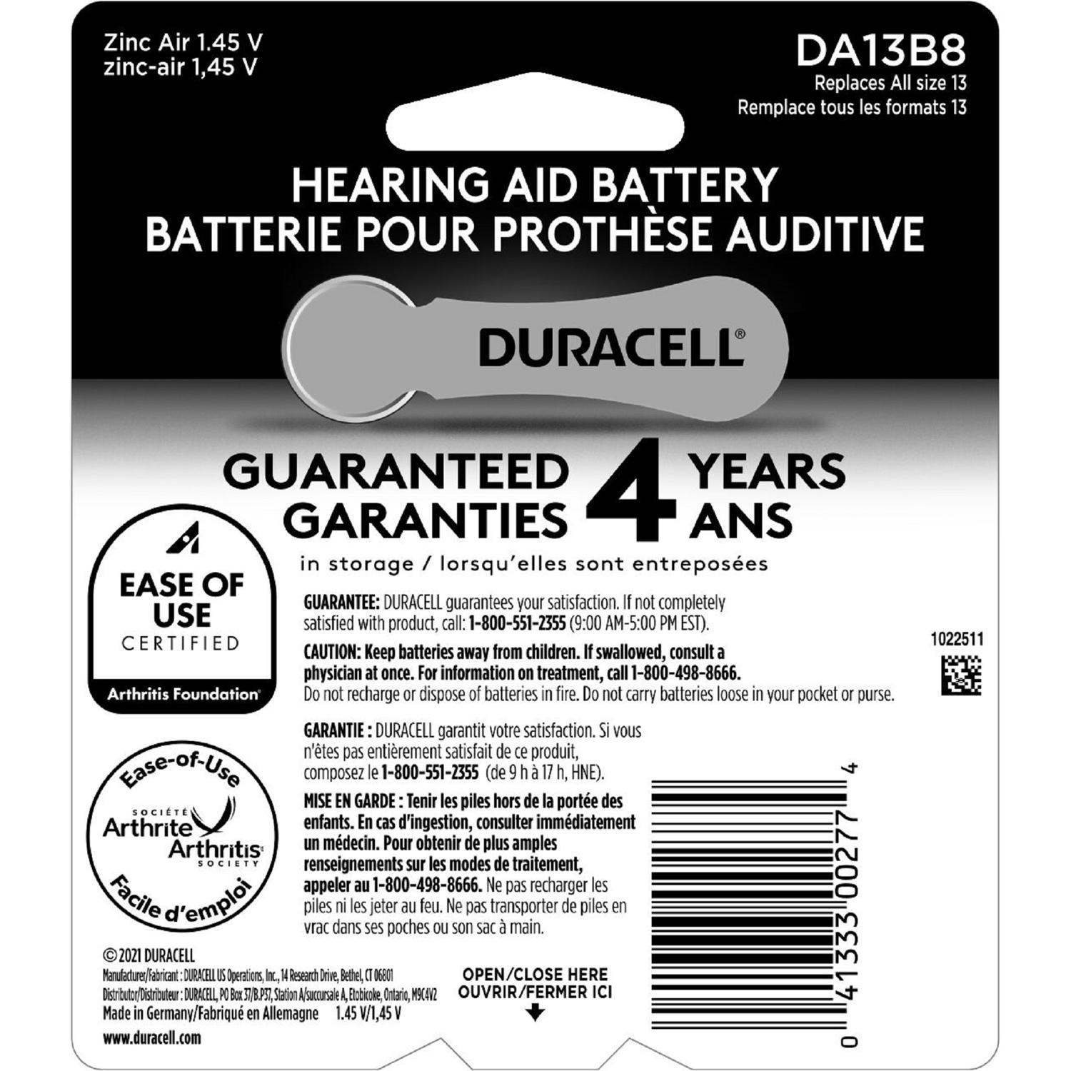 Duracell Zinc Air 13 1.4 V 300 mAh Hearing Aid Battery 8 pk