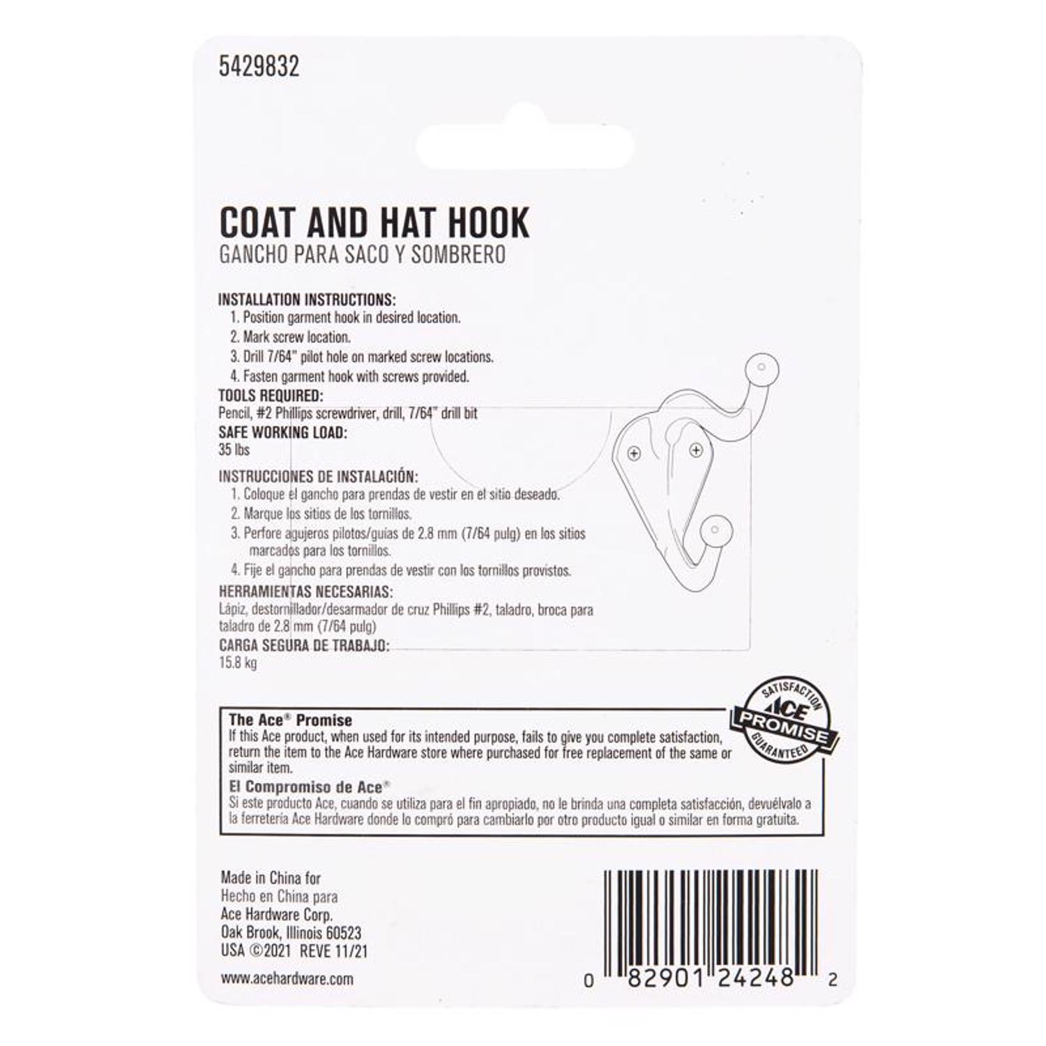 Ace 3 in. L Zinc-Plated Silver/White Metal Medium Coat and Hat Hook 2 pk
