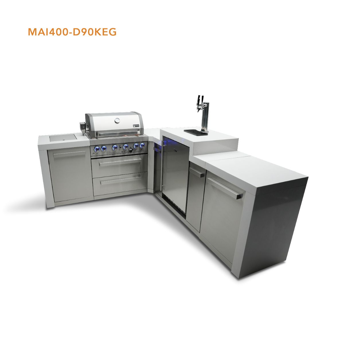 Mont Alpi 4-burner Deluxe Island with a 90-degree corner and Kegerator