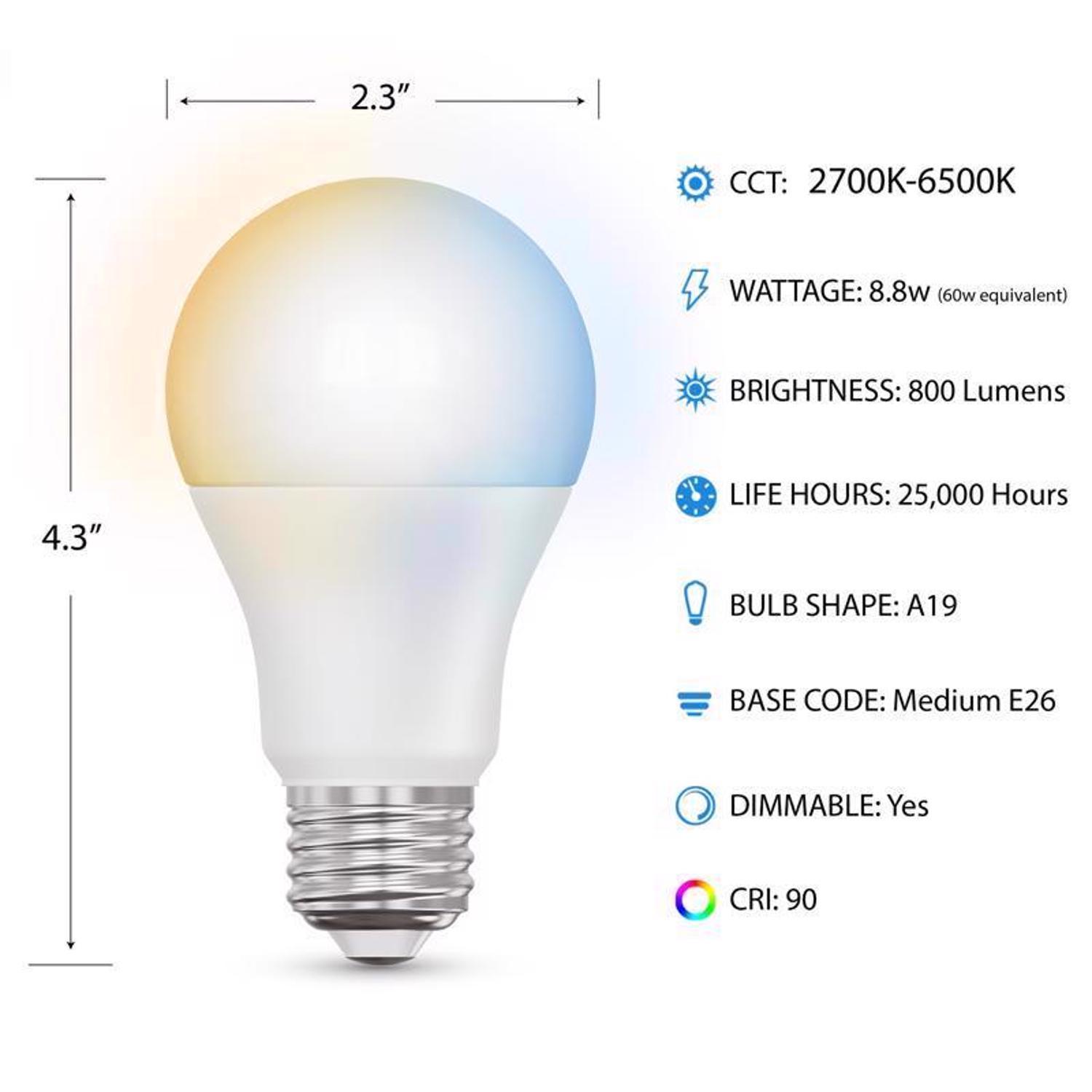 Feit A19 E26 (Medium) Smart-Enabled LED Bulb Tunable White 60 Watt Equivalence 3 pk