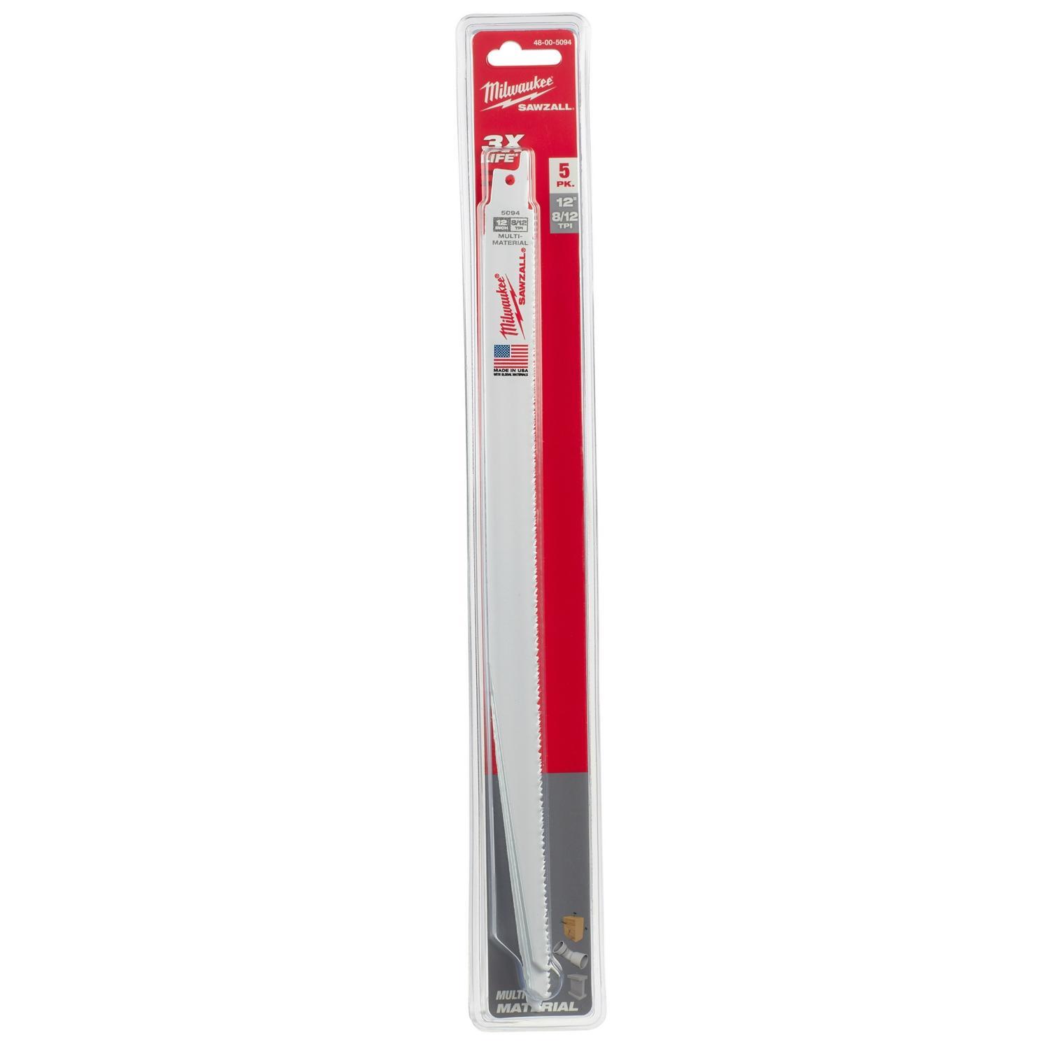 Milwaukee Sawzall 12 in. Bi-Metal Thin Kerf Reciprocating Saw Blade 8/12 TPI 5 pk