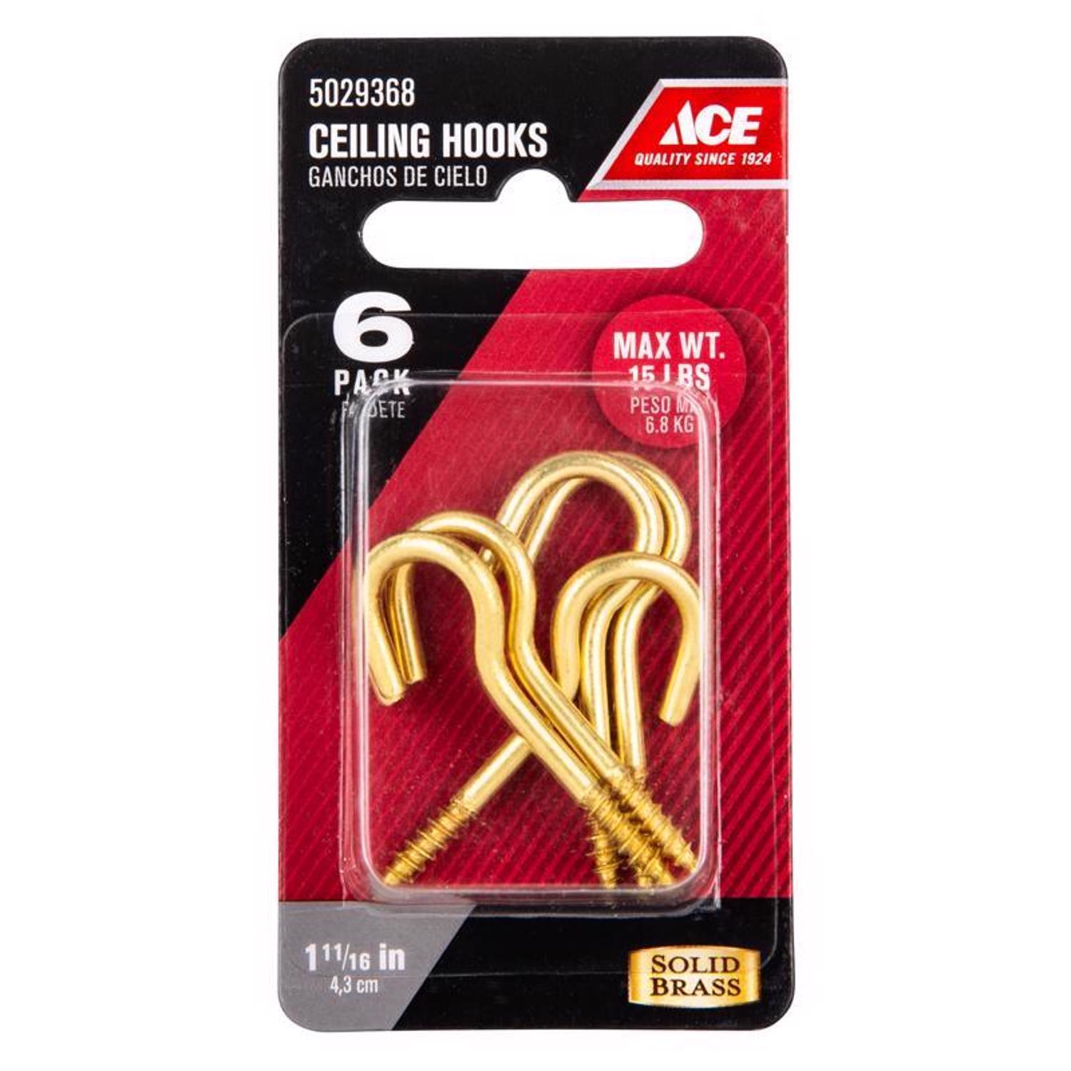 Ace Small Polished Brass Gold Brass 1.6875 in. L Ceiling Hook 15 lb 6 pk